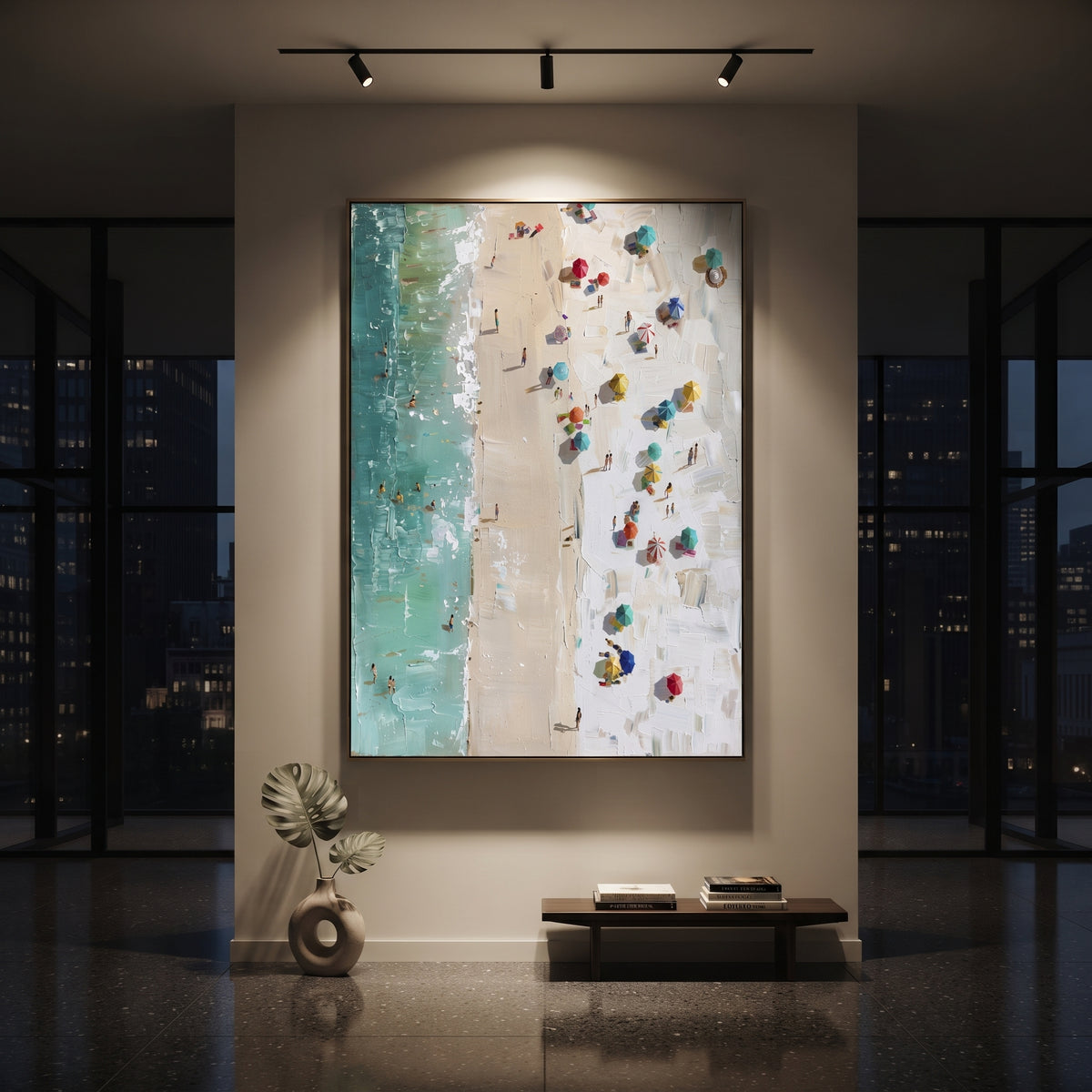 Aerial Umbrella Beach Relief focuses on this hand-painted textured canvas features a top-down beach scene with turquoise water, sandy shoreline, colorful umbrellas, small swimmers, and raised plaster beach texture. The composition is described from the actual main image, so the visible subject, color balance, spacing, and surface movement stay specific to this product instead of reading like a batch title. Raised palette-knife layers, sculpted impasto ridges, softened brush transitions, and
