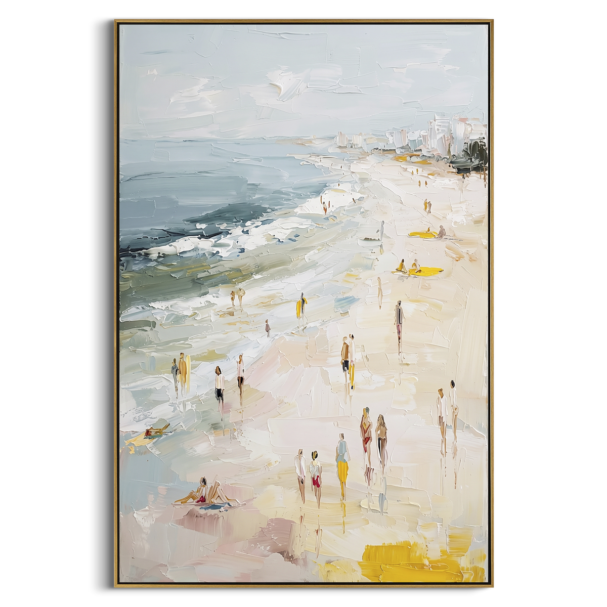 Soft City Beach Promenade focuses on this hand-painted textured canvas features a pale coastal promenade with distant city buildings, soft blue water, walking figures, yellow accents, and raised palette-knife beach texture. The composition is described from the actual main image, so the visible subject, color balance, spacing, and surface movement stay specific to this product instead of reading like a batch title. Raised palette-knife layers, sculpted impasto ridges, softened brush transitions
