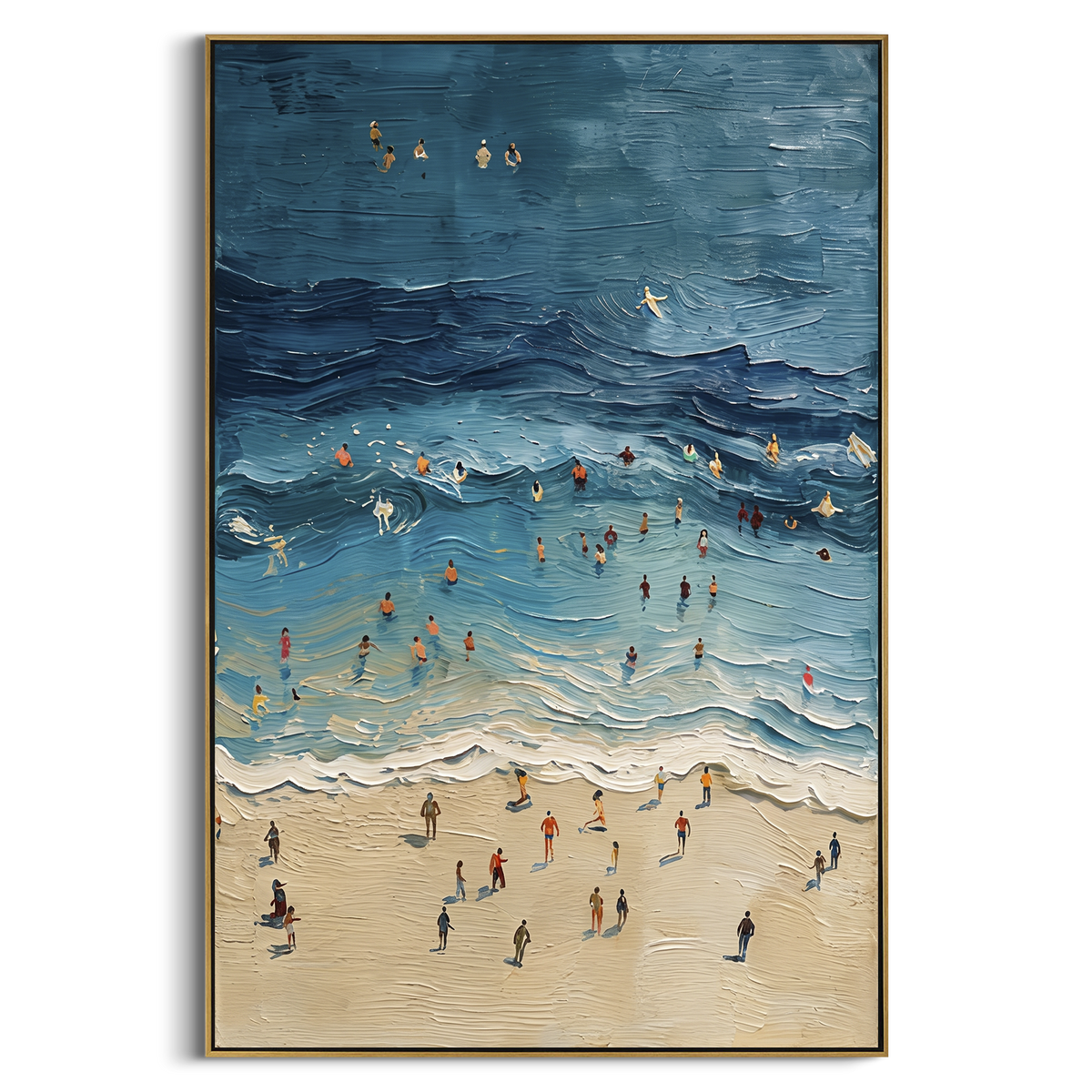 Blue Swimmers Ocean Relief focuses on this hand-painted textured canvas features deep blue rolling ocean water, crowded swimmers, foamy surf, sandy beach foreground, and thick sculptural wave texture. The composition is described from the actual main image, so the visible subject, color balance, spacing, and surface movement stay specific to this product instead of reading like a batch title. Raised palette-knife layers, sculpted impasto ridges, softened brush transitions, and tactile handmade