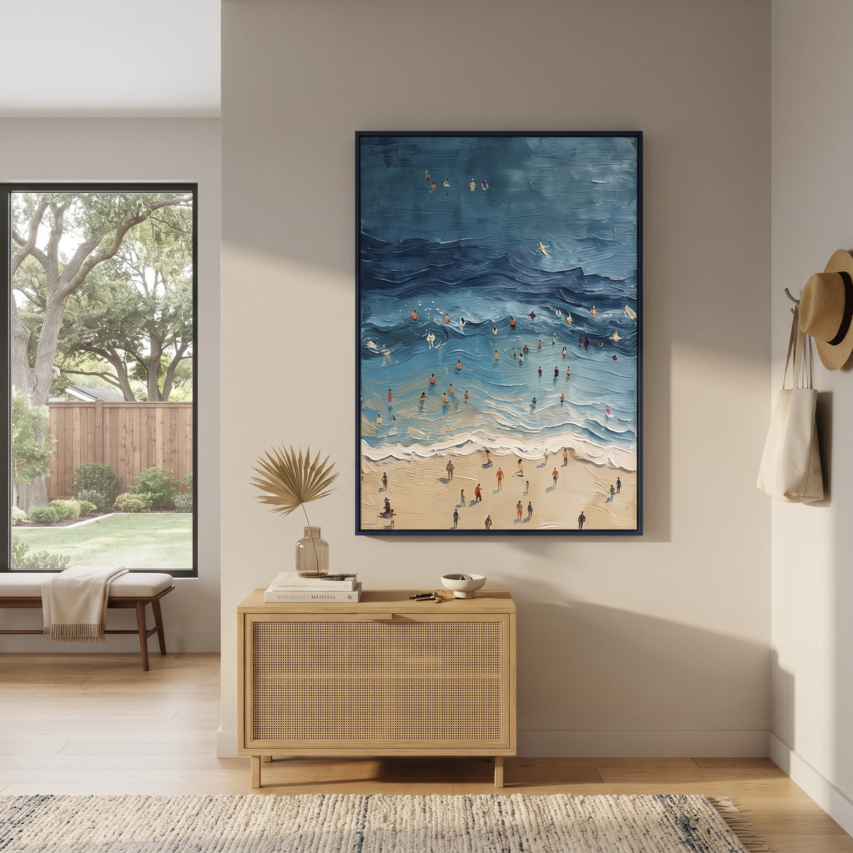Blue Swimmers Ocean Relief focuses on this hand-painted textured canvas features deep blue rolling ocean water, crowded swimmers, foamy surf, sandy beach foreground, and thick sculptural wave texture. The composition is described from the actual main image, so the visible subject, color balance, spacing, and surface movement stay specific to this product instead of reading like a batch title. Raised palette-knife layers, sculpted impasto ridges, softened brush transitions, and tactile handmade