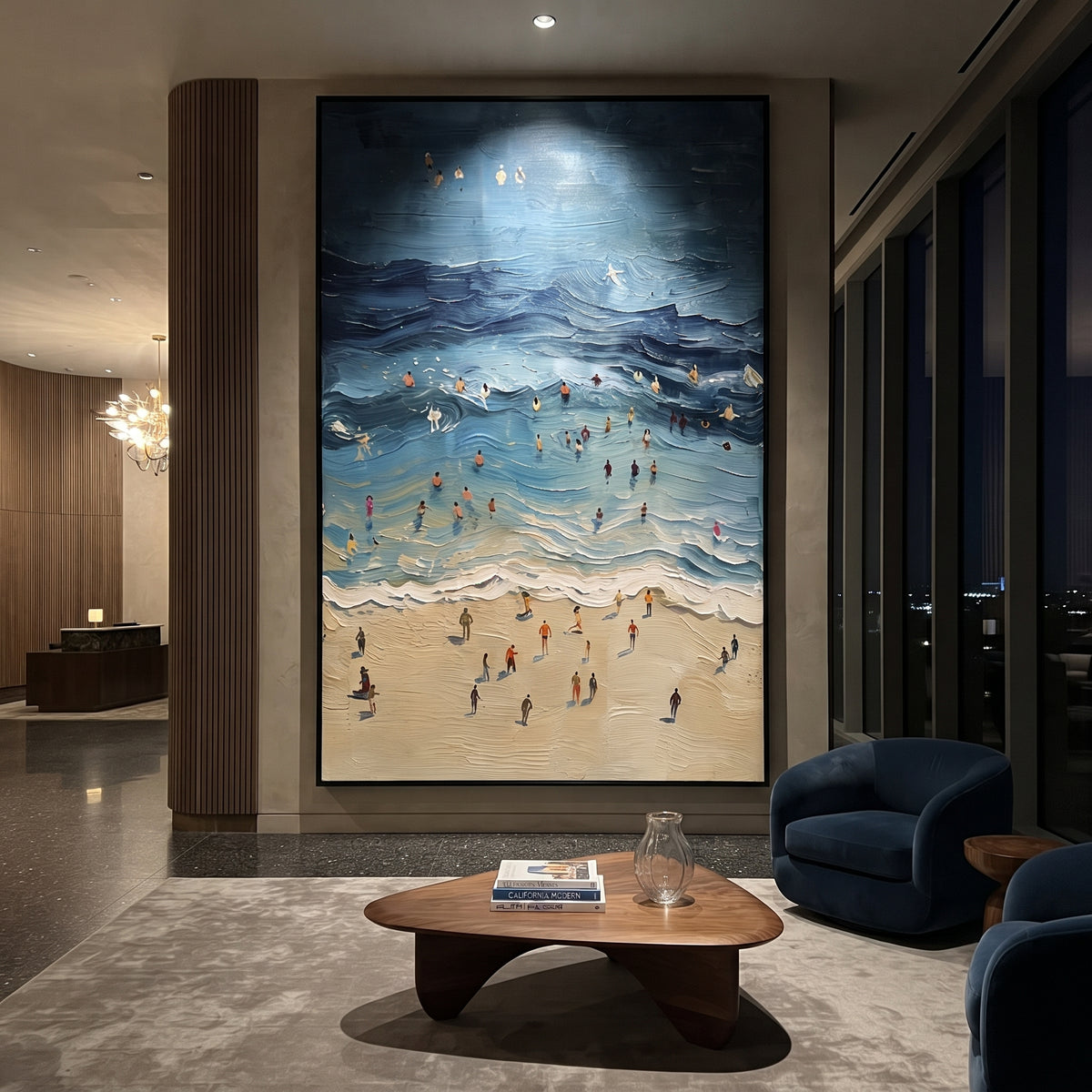 Blue Swimmers Ocean Relief focuses on this hand-painted textured canvas features deep blue rolling ocean water, crowded swimmers, foamy surf, sandy beach foreground, and thick sculptural wave texture. The composition is described from the actual main image, so the visible subject, color balance, spacing, and surface movement stay specific to this product instead of reading like a batch title. Raised palette-knife layers, sculpted impasto ridges, softened brush transitions, and tactile handmade