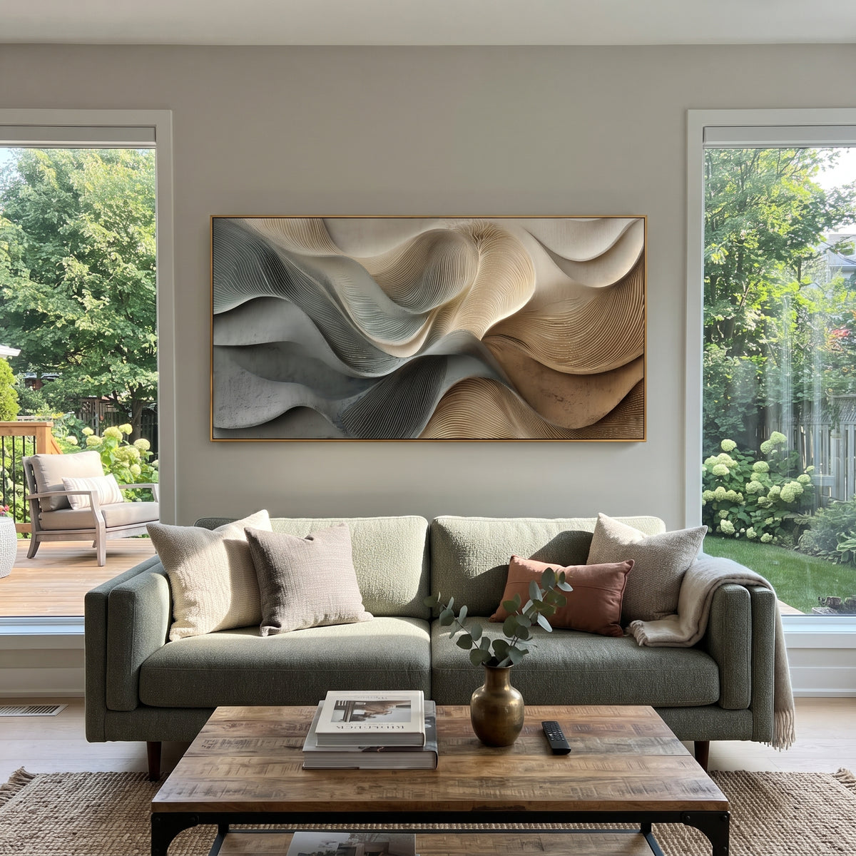 Neutral Ribbon Wave Relief focuses on this hand-painted textured canvas features flowing ribbon-like waves, fine carved contour lines, warm beige and grey shadows, and layered sculptural abstract relief. The composition is described from the actual main image, so the visible subject, color balance, spacing, and surface movement stay specific to this product instead of reading like a batch title. Raised palette-knife layers, sculpted impasto ridges, softened brush transitions, and tactile