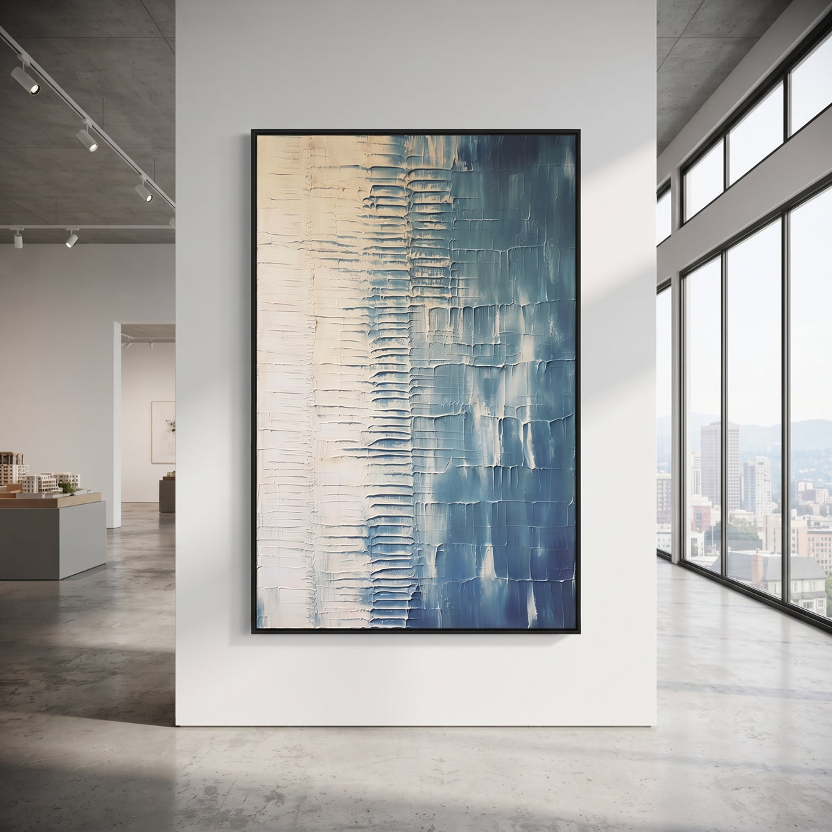 Blue White Grid Relief focuses on this hand-painted textured canvas features a blue and white block composition with ribbed center texture, scraped plaster rectangles, and layered geometric impasto depth. The composition is described from the actual main image, so the visible subject, color balance, spacing, and surface movement stay specific to this product instead of reading like a batch title. Raised palette-knife layers, sculpted impasto ridges, softened brush transitions, and tactile