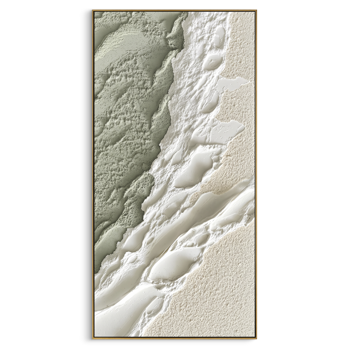 Sage White Topographic Relief focuses on this hand-painted textured canvas features organic topographic plaster ridges, sage green textured fields, raised white flowing forms, and quiet beige mineral surface detail. The composition is described from the actual main image, so the visible subject, color balance, spacing, and surface movement stay specific to this product instead of reading like a batch title. Raised palette-knife layers, sculpted impasto ridges, softened brush transitions, and