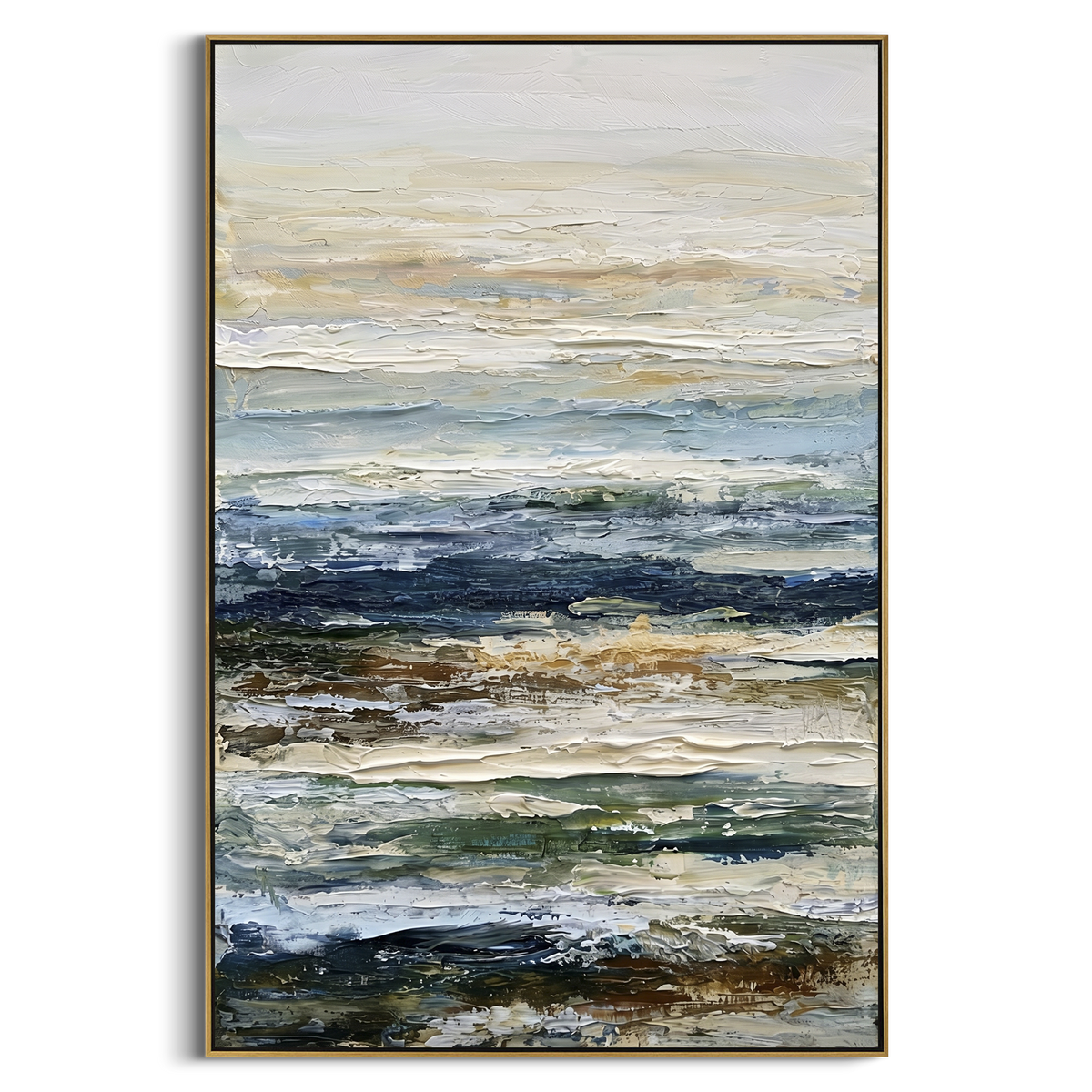 Layered Storm Shore Relief focuses on this hand-painted textured canvas features layered stormy shoreline bands, dark blue surf, muted sand tones, scraped white seafoam, and expressive horizontal impasto movement. The composition is described from the actual main image, so the visible subject, color balance, spacing, and surface movement stay specific to this product instead of reading like a batch title. Raised palette-knife layers, sculpted impasto ridges, softened brush transitions, and