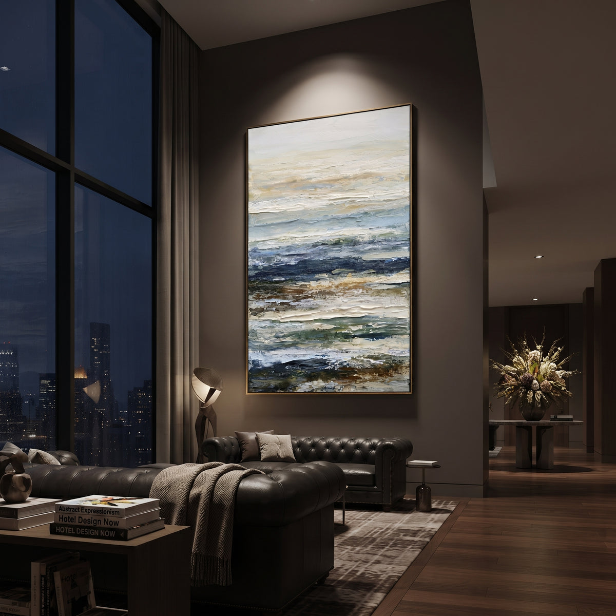 Layered Storm Shore Relief focuses on this hand-painted textured canvas features layered stormy shoreline bands, dark blue surf, muted sand tones, scraped white seafoam, and expressive horizontal impasto movement. The composition is described from the actual main image, so the visible subject, color balance, spacing, and surface movement stay specific to this product instead of reading like a batch title. Raised palette-knife layers, sculpted impasto ridges, softened brush transitions, and