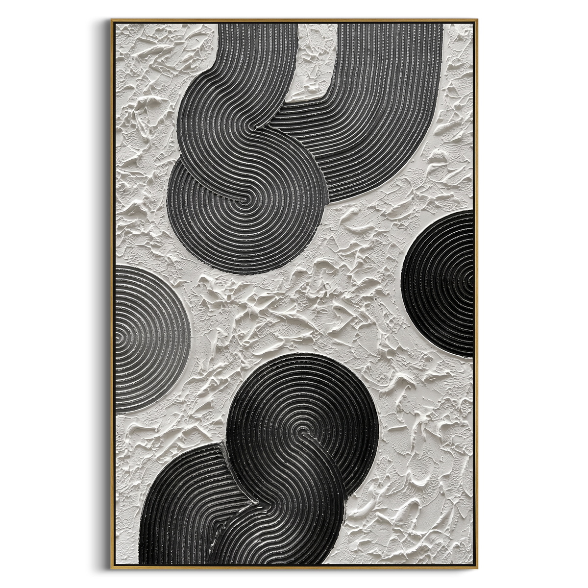 Black White Concentric Relief focuses on this hand-painted textured canvas features black concentric ribbed forms, white broken plaster ground, curved graphic linework, and bold monochrome texture. The composition is described from the actual main image, so the visible subject, color balance, spacing, and surface movement stay specific to this product instead of reading like a batch title. Raised palette-knife layers, sculpted impasto ridges, softened brush transitions, and tactile handmade