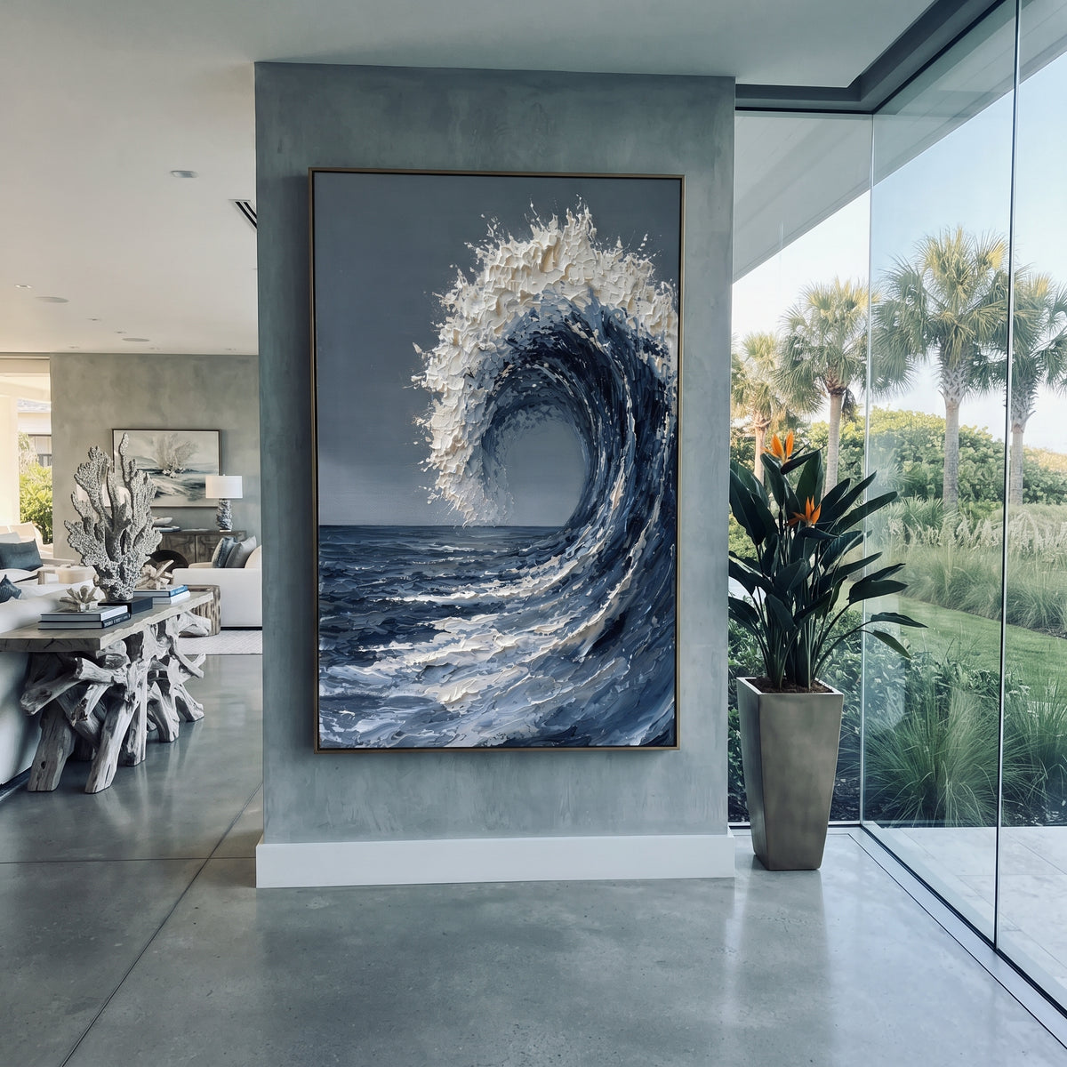 Cresting Blue Wave Relief focuses on this hand-painted textured canvas features a large curling blue ocean wave, thick white foam, grey open sky, and sculptural palette-knife water movement. The composition is described from the actual main image, so the visible subject, color balance, spacing, and surface movement stay specific to this product instead of reading like a batch title. Raised palette-knife layers, sculpted impasto ridges, softened brush transitions, and tactile handmade texture