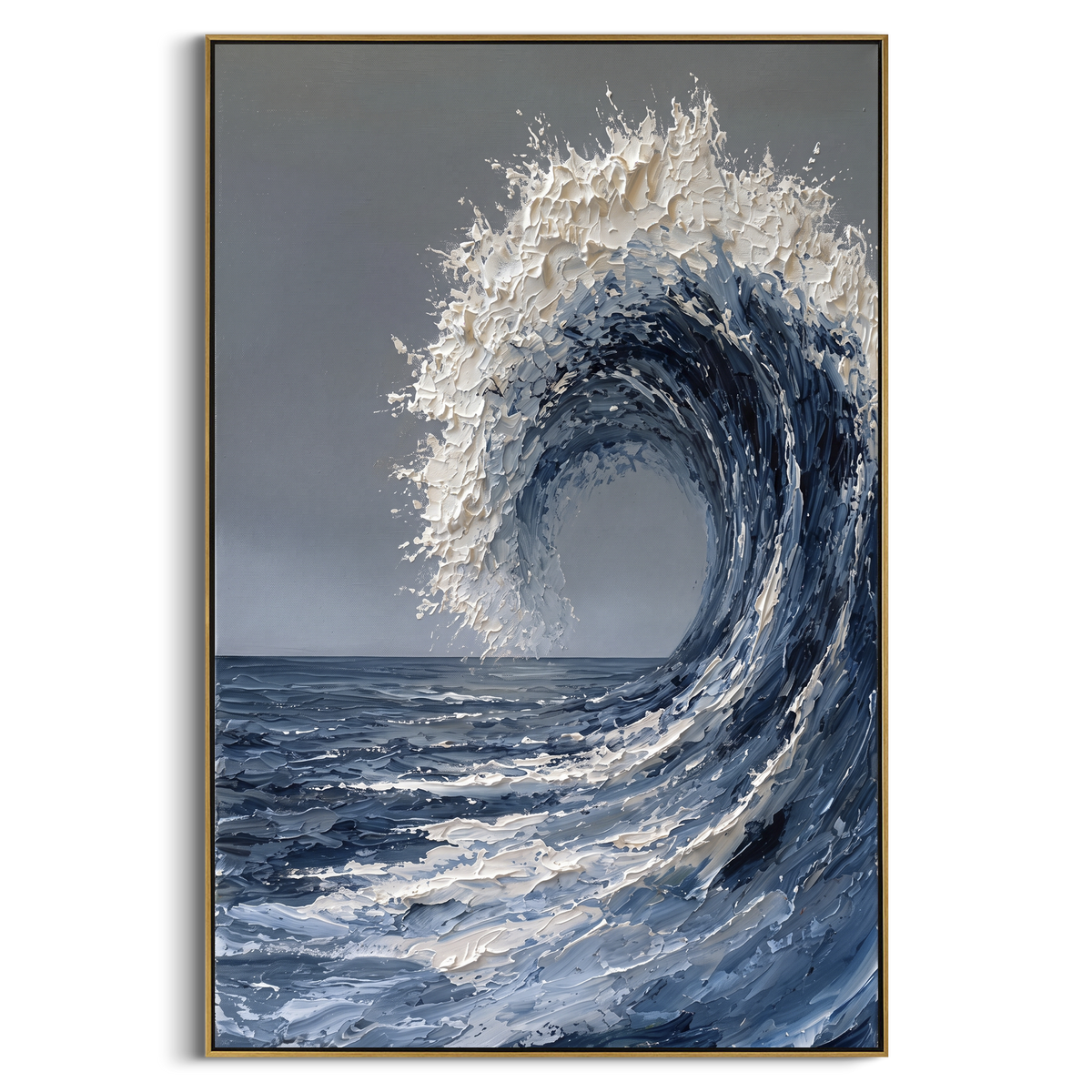 Cresting Blue Wave Relief focuses on this hand-painted textured canvas features a large curling blue ocean wave, thick white foam, grey open sky, and sculptural palette-knife water movement. The composition is described from the actual main image, so the visible subject, color balance, spacing, and surface movement stay specific to this product instead of reading like a batch title. Raised palette-knife layers, sculpted impasto ridges, softened brush transitions, and tactile handmade texture