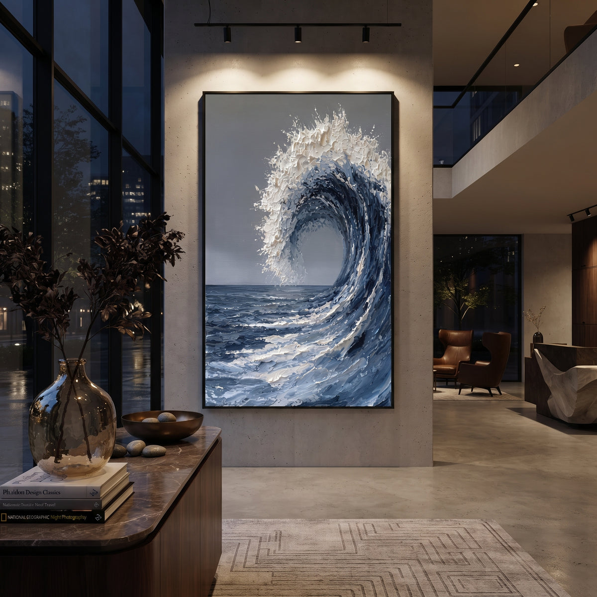 Cresting Blue Wave Relief focuses on this hand-painted textured canvas features a large curling blue ocean wave, thick white foam, grey open sky, and sculptural palette-knife water movement. The composition is described from the actual main image, so the visible subject, color balance, spacing, and surface movement stay specific to this product instead of reading like a batch title. Raised palette-knife layers, sculpted impasto ridges, softened brush transitions, and tactile handmade texture