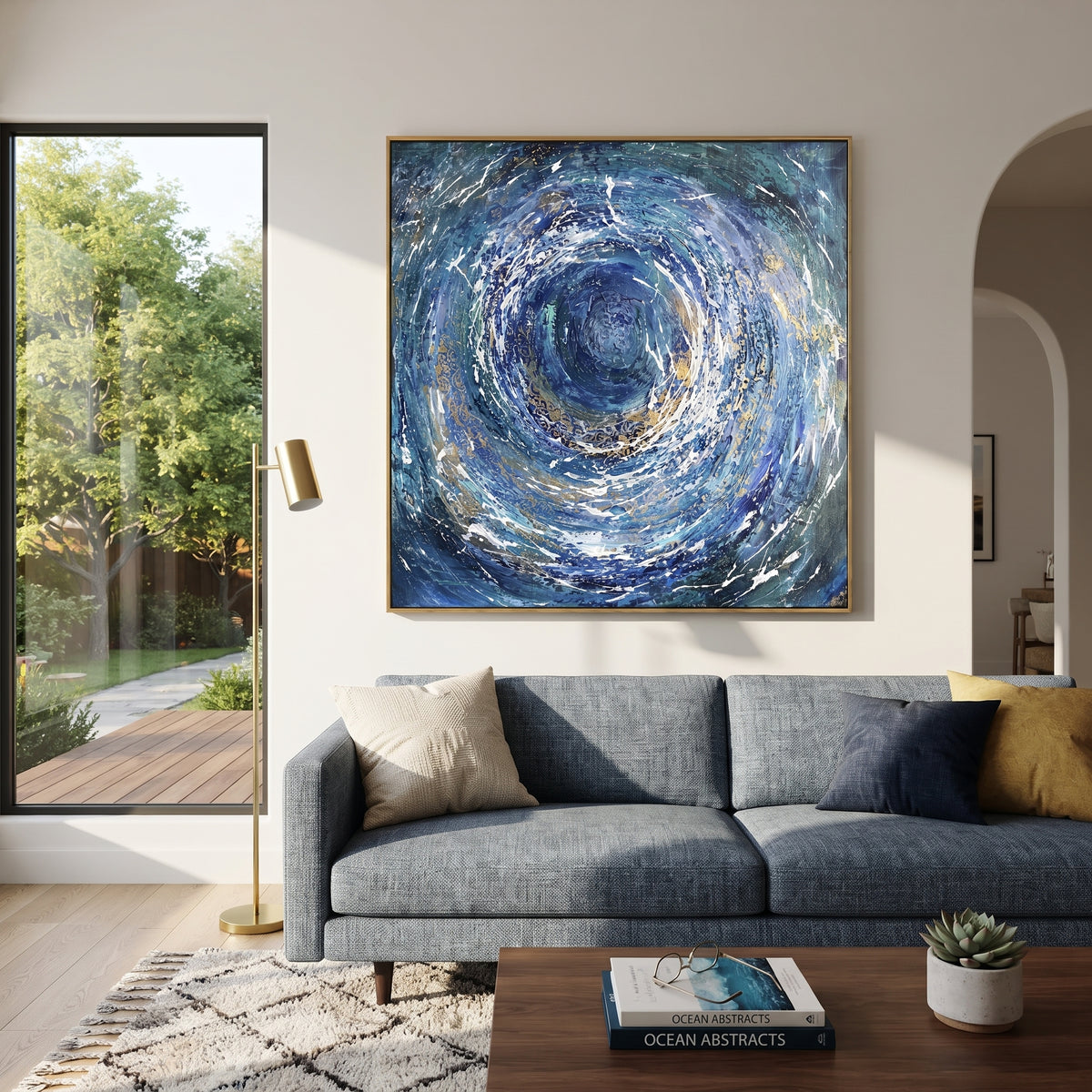 Blue Gold Ocean Vortex focuses on this hand-painted textured canvas features a circular ocean vortex, deep blue spiral motion, white splash marks, gold accents, and energetic abstract wave texture. The composition is described from the actual main image, so the visible subject, color balance, spacing, and surface movement stay specific to this product instead of reading like a batch title. Raised palette-knife layers, sculpted impasto ridges, softened brush transitions, and tactile handmade