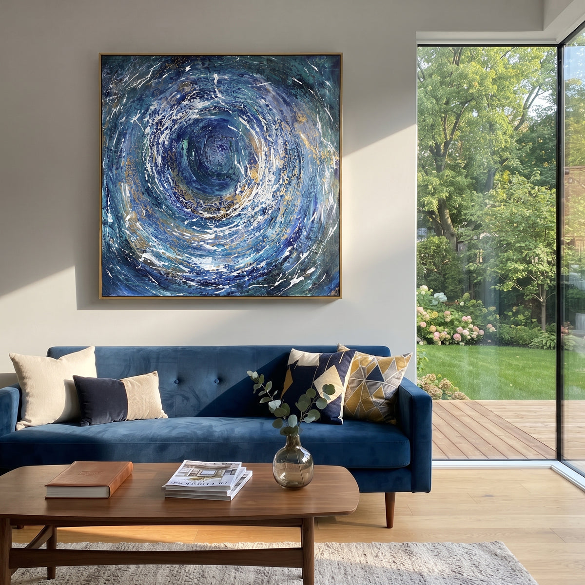 Blue Gold Ocean Vortex focuses on this hand-painted textured canvas features a circular ocean vortex, deep blue spiral motion, white splash marks, gold accents, and energetic abstract wave texture. The composition is described from the actual main image, so the visible subject, color balance, spacing, and surface movement stay specific to this product instead of reading like a batch title. Raised palette-knife layers, sculpted impasto ridges, softened brush transitions, and tactile handmade