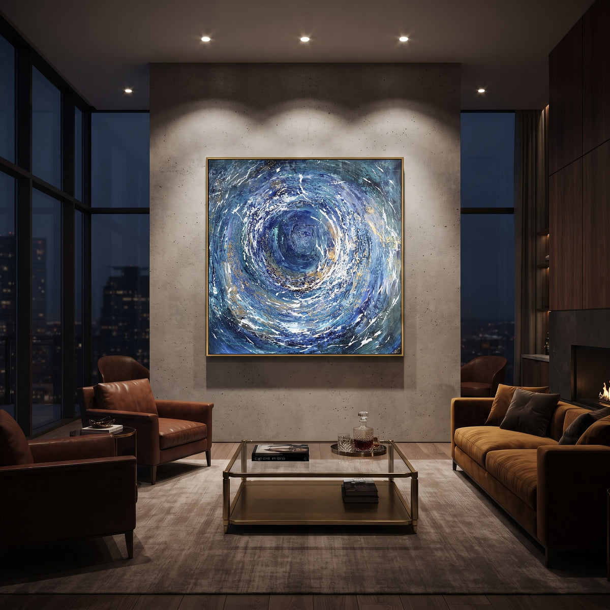 Blue Gold Ocean Vortex focuses on this hand-painted textured canvas features a circular ocean vortex, deep blue spiral motion, white splash marks, gold accents, and energetic abstract wave texture. The composition is described from the actual main image, so the visible subject, color balance, spacing, and surface movement stay specific to this product instead of reading like a batch title. Raised palette-knife layers, sculpted impasto ridges, softened brush transitions, and tactile handmade