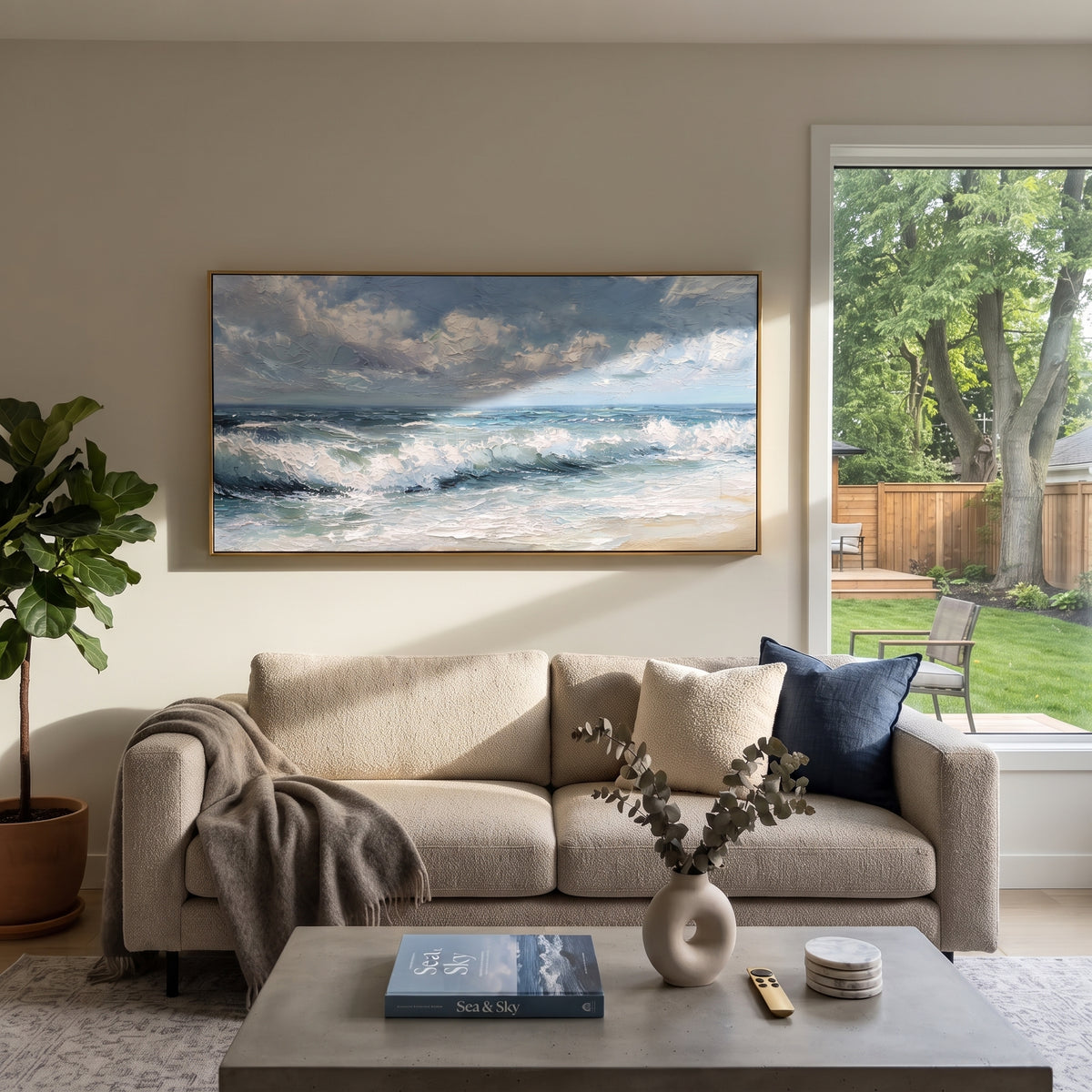 Cloudy Blue Surf Relief focuses on this hand-painted textured canvas features bright ocean surf beneath textured clouds, rolling blue-green waves, sandy shoreline light, and raised white foam. The composition is described from the actual main image, so the visible subject, color balance, spacing, and surface movement stay specific to this product instead of reading like a batch title. Raised palette-knife layers, sculpted impasto ridges, softened brush transitions, and tactile handmade texture