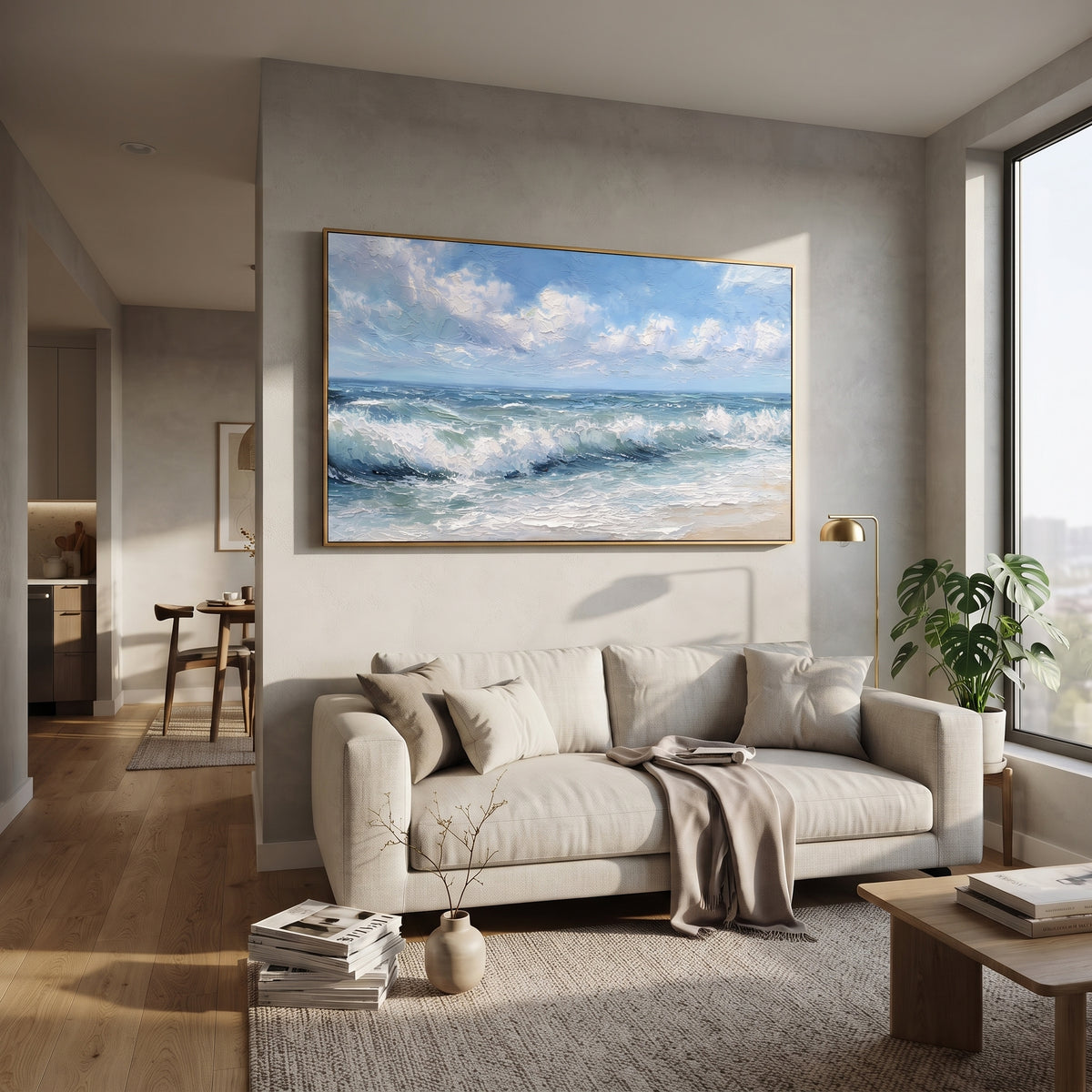 Cloudy Blue Surf Relief focuses on this hand-painted textured canvas features bright ocean surf beneath textured clouds, rolling blue-green waves, sandy shoreline light, and raised white foam. The composition is described from the actual main image, so the visible subject, color balance, spacing, and surface movement stay specific to this product instead of reading like a batch title. Raised palette-knife layers, sculpted impasto ridges, softened brush transitions, and tactile handmade texture