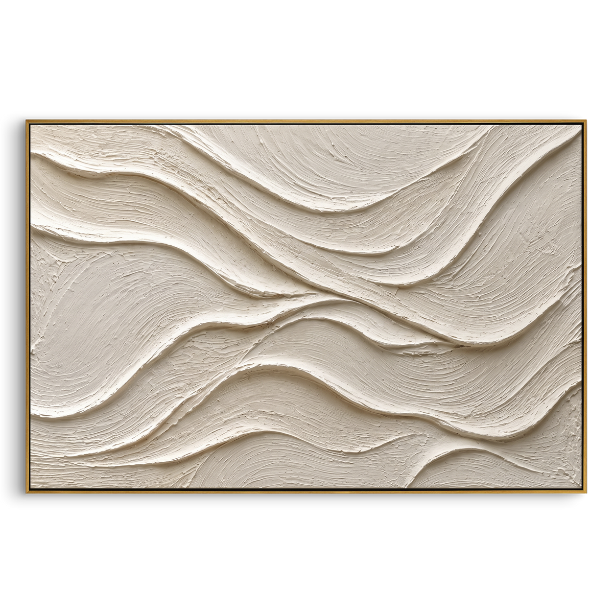White Flowing Plaster Relief focuses on this hand-painted textured canvas features soft monochrome plaster waves, flowing carved ridges, ivory surface texture, and quiet sculptural movement. The composition is described from the actual main image, so the visible subject, color balance, spacing, and surface movement stay specific to this product instead of reading like a batch title. Raised palette-knife layers, sculpted impasto ridges, softened brush transitions, and tactile handmade texture