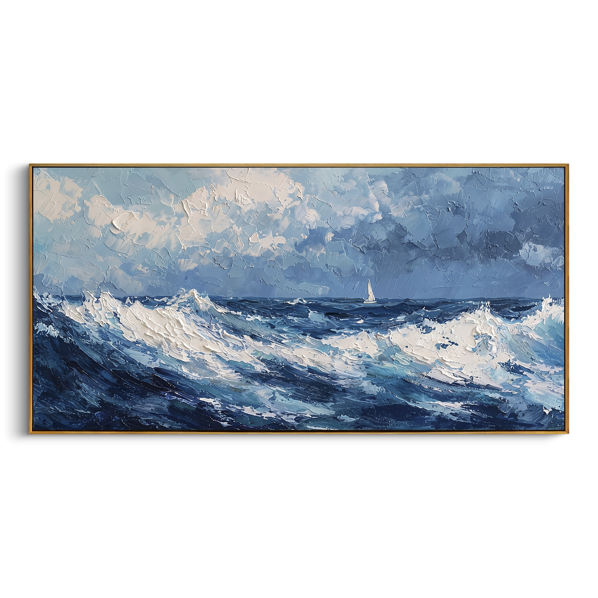 Sailboat Storm Wave Relief focuses on this hand-painted textured canvas features rough blue ocean waves, a small white sailboat on the horizon, heavy foamy crests, and textured cloudy sky. The composition is described from the actual main image, so the visible subject, color balance, spacing, and surface movement stay specific to this product instead of reading like a batch title. Raised palette-knife layers, sculpted impasto ridges, softened brush transitions, and tactile handmade texture give