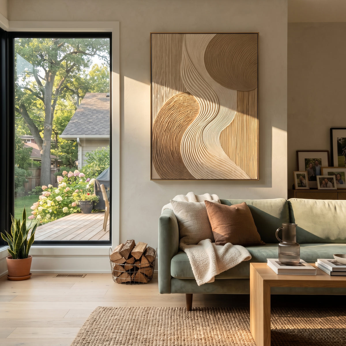 Neutral S Curve Ribbed Relief focuses on this hand-painted textured canvas features a flowing S-curve ribbed plaster band, layered tan and ivory fields, rounded brown forms, and woven geometric surface texture. The composition is described from the actual main image, so the visible subject, color balance, spacing, and surface movement stay specific to this product instead of reading like a batch title. Raised palette-knife layers, sculpted impasto ridges, softened brush transitions, and tactile