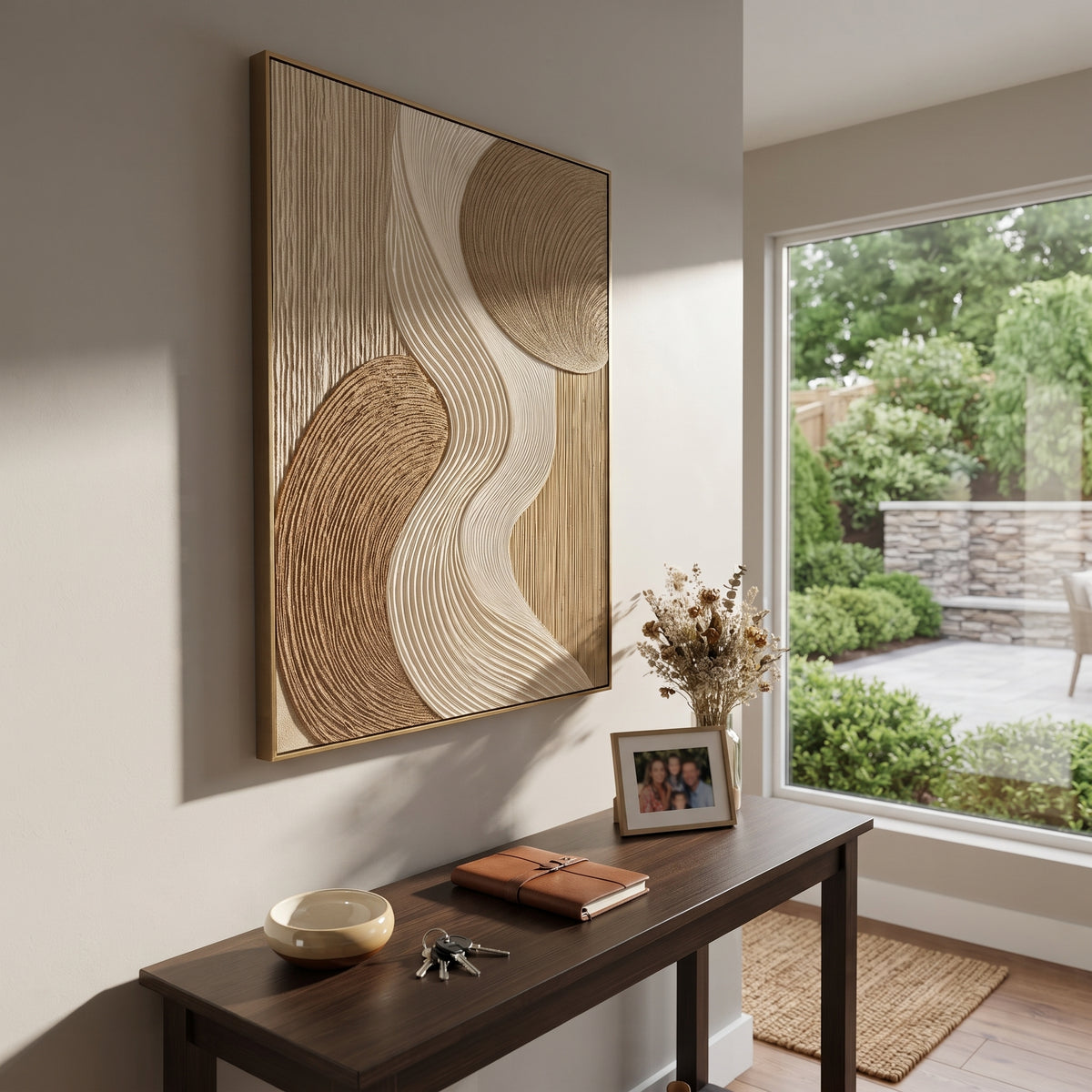 Neutral S Curve Ribbed Relief focuses on this hand-painted textured canvas features a flowing S-curve ribbed plaster band, layered tan and ivory fields, rounded brown forms, and woven geometric surface texture. The composition is described from the actual main image, so the visible subject, color balance, spacing, and surface movement stay specific to this product instead of reading like a batch title. Raised palette-knife layers, sculpted impasto ridges, softened brush transitions, and tactile