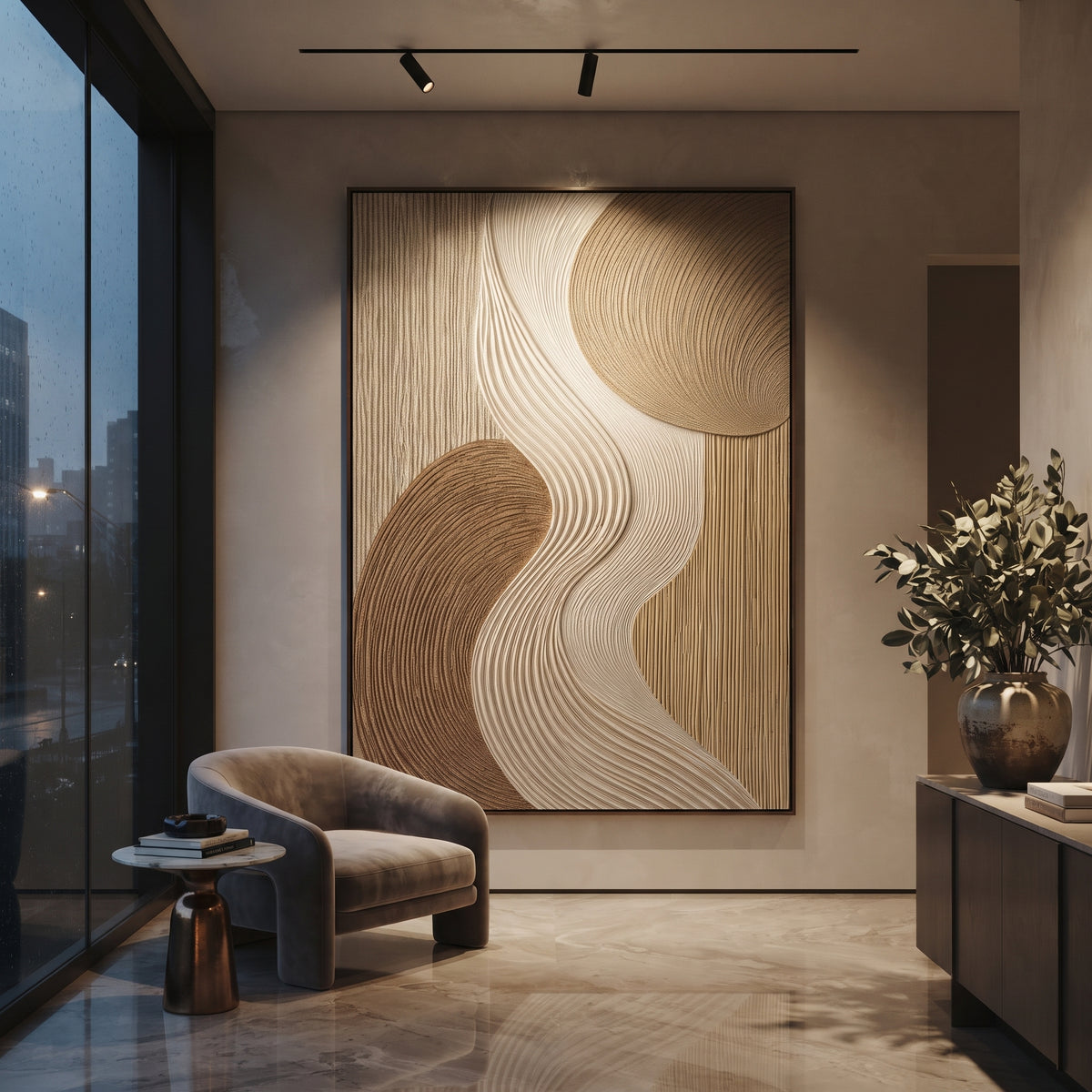 Neutral S Curve Ribbed Relief focuses on this hand-painted textured canvas features a flowing S-curve ribbed plaster band, layered tan and ivory fields, rounded brown forms, and woven geometric surface texture. The composition is described from the actual main image, so the visible subject, color balance, spacing, and surface movement stay specific to this product instead of reading like a batch title. Raised palette-knife layers, sculpted impasto ridges, softened brush transitions, and tactile