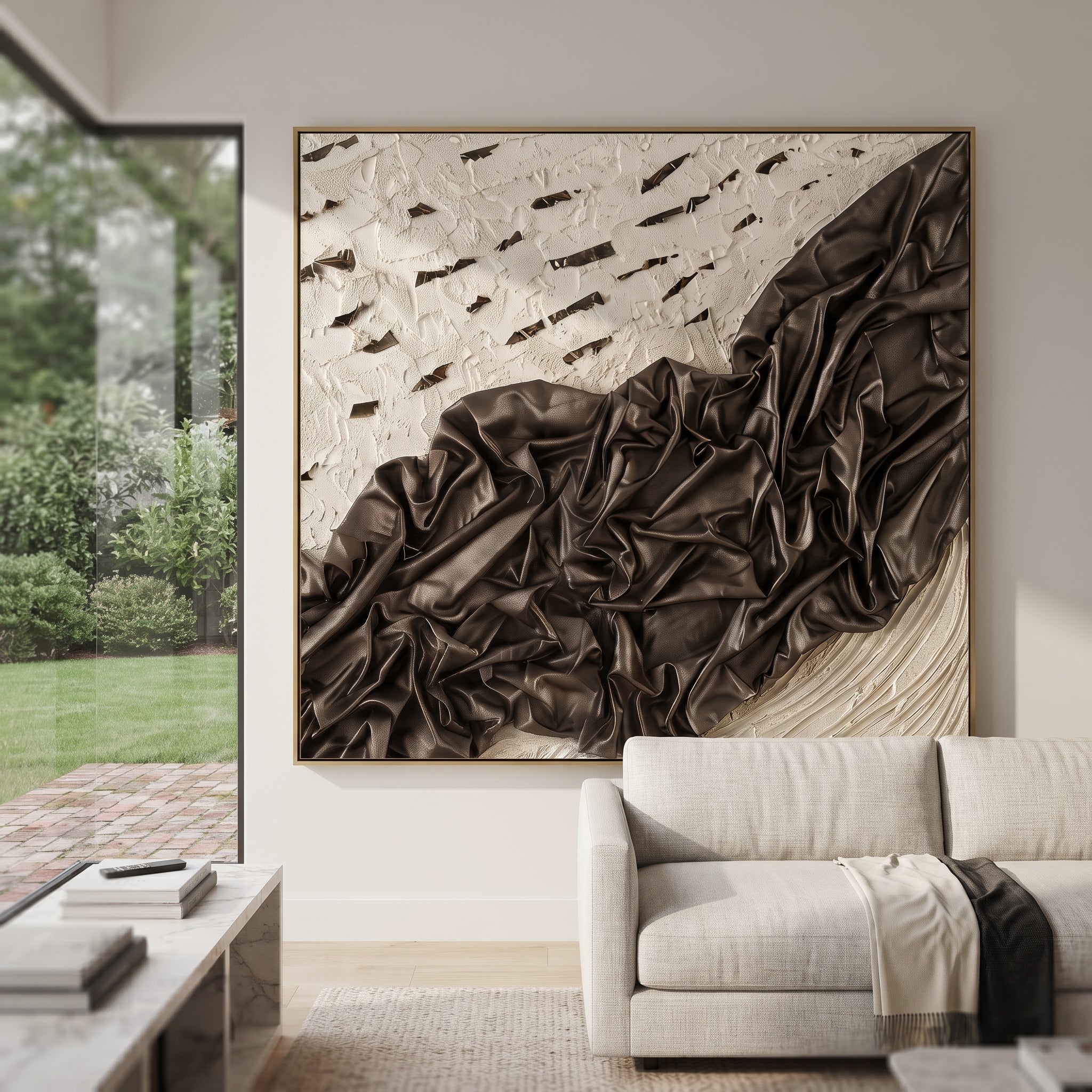 Black Draped Plaster Relief focuses on this hand-painted textured canvas features a dramatic black folded drapery form across a white plaster ground, scattered dark cutout marks, and sculptural fabric-like relief. The composition is described from the actual main image, so the visible subject, color balance, spacing, and surface movement stay specific to this product instead of reading like a batch title. Raised palette-knife layers, sculpted impasto ridges, softened brush transitions, and