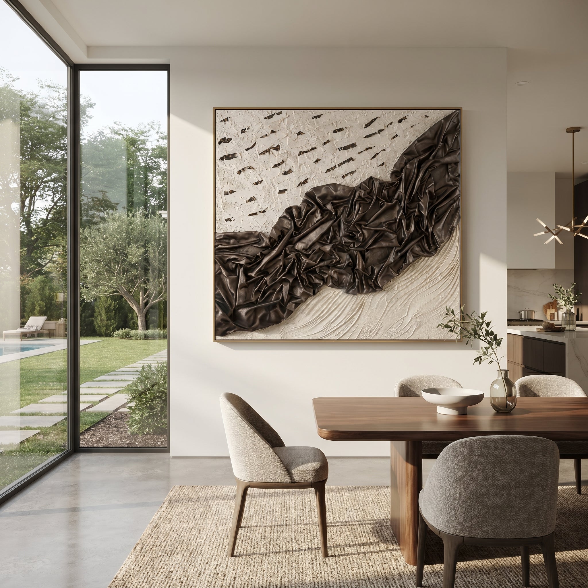 Black Draped Plaster Relief focuses on this hand-painted textured canvas features a dramatic black folded drapery form across a white plaster ground, scattered dark cutout marks, and sculptural fabric-like relief. The composition is described from the actual main image, so the visible subject, color balance, spacing, and surface movement stay specific to this product instead of reading like a batch title. Raised palette-knife layers, sculpted impasto ridges, softened brush transitions, and
