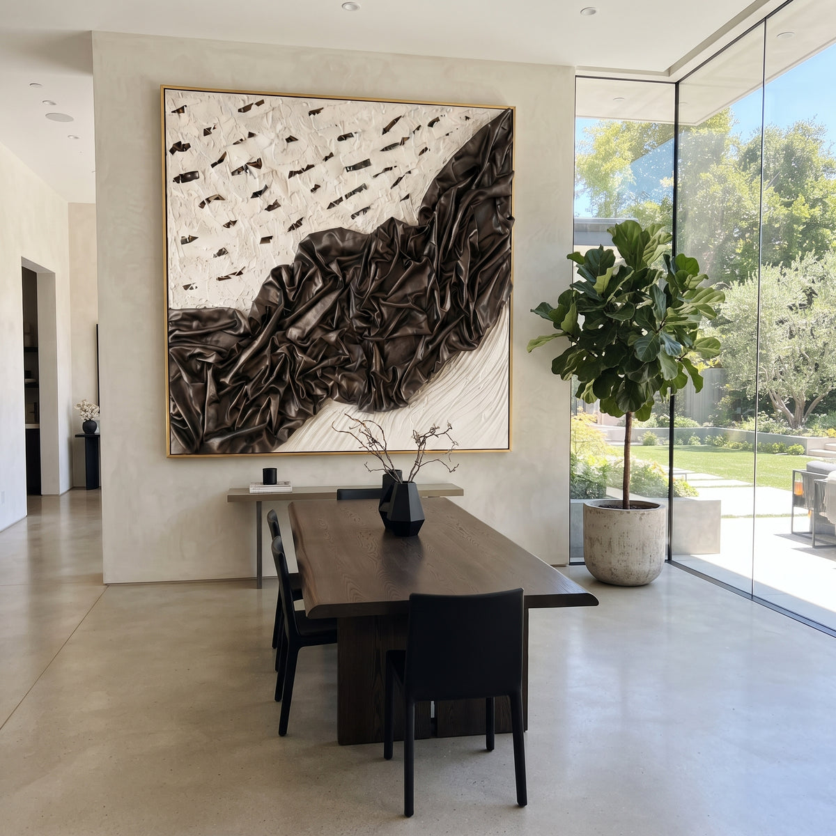 Black Draped Plaster Relief focuses on this hand-painted textured canvas features a dramatic black folded drapery form across a white plaster ground, scattered dark cutout marks, and sculptural fabric-like relief. The composition is described from the actual main image, so the visible subject, color balance, spacing, and surface movement stay specific to this product instead of reading like a batch title. Raised palette-knife layers, sculpted impasto ridges, softened brush transitions, and