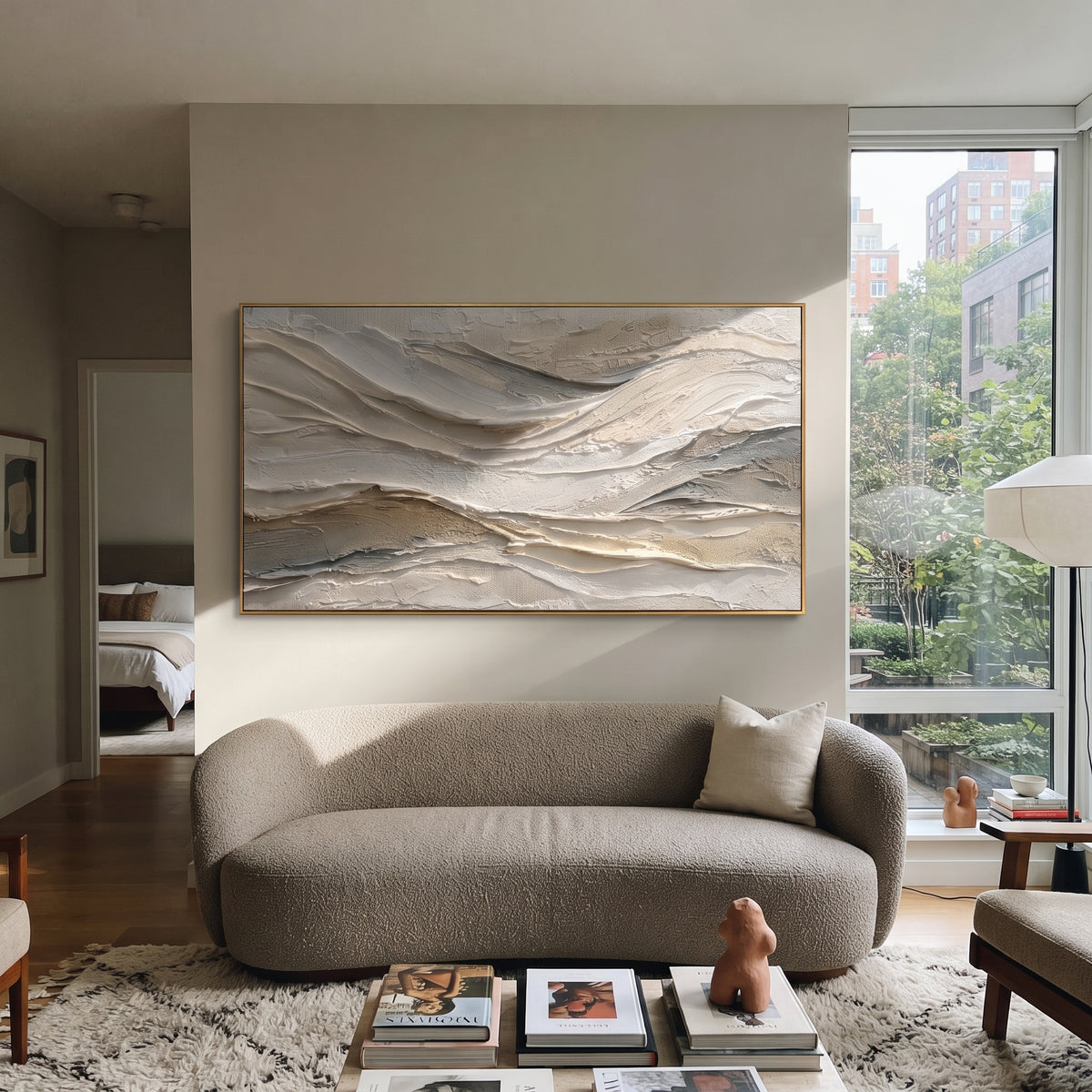 Soft White Ridge Relief focuses on this hand-painted textured canvas features layered white and beige ridges, soft horizontal plaster waves, subtle grey shadows, and quiet carved surface movement. The composition is described from the actual main image, so the visible subject, color balance, spacing, and surface movement stay specific to this product instead of reading like a batch title. Raised palette-knife layers, sculpted impasto ridges, softened brush transitions, and tactile handmade