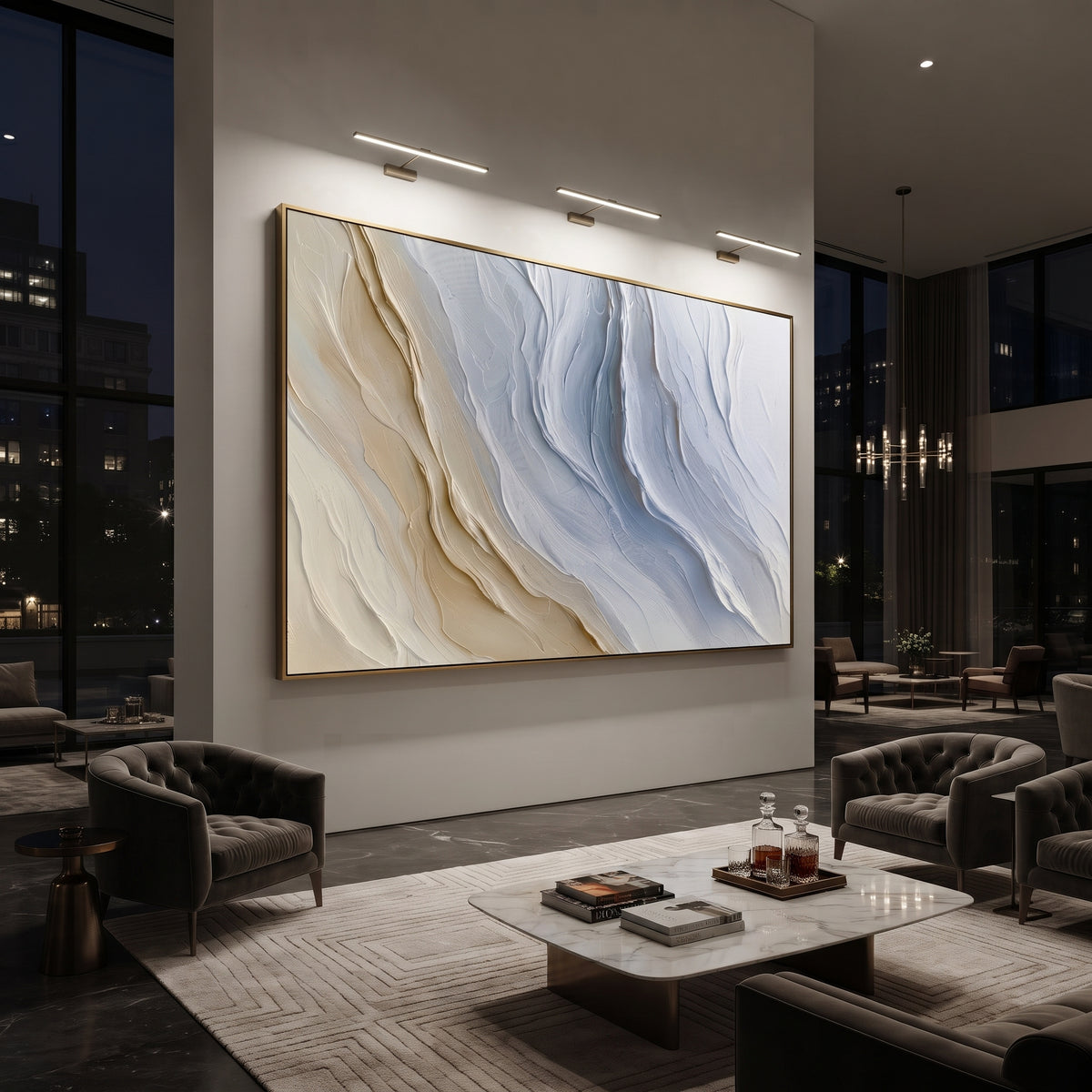 Pale Blue Abstract Wave Relief focuses on this hand-painted textured canvas features soft pale blue and beige flowing plaster waves, smooth raised ridges, and calm horizontal abstract movement. The composition is described from the actual main image, so the visible subject, color balance, spacing, and surface movement stay specific to this product instead of reading like a batch title. Raised palette-knife layers, sculpted impasto ridges, softened brush transitions, and tactile handmade texture