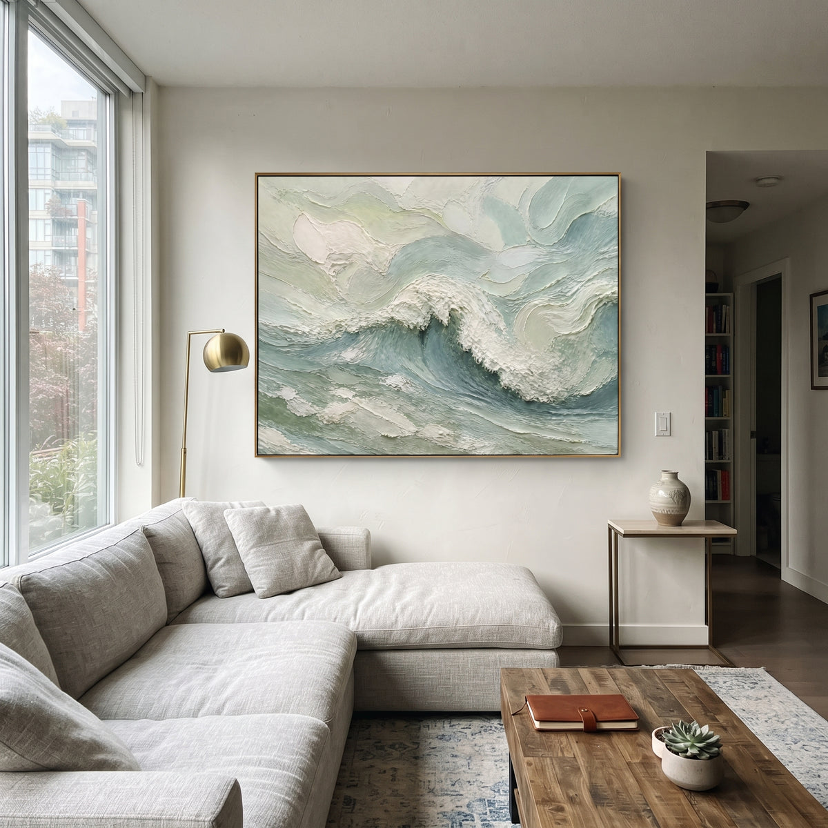 White Minimal Wave Relief focuses on this hand-painted textured canvas features monochrome white flowing wave bands, fine combed plaster texture, raised highlights, and quiet minimalist surface depth. The composition is described from the actual main image, so the visible subject, color balance, spacing, and surface movement stay specific to this product instead of reading like a batch title. Raised palette-knife layers, sculpted impasto ridges, softened brush transitions, and tactile handmade