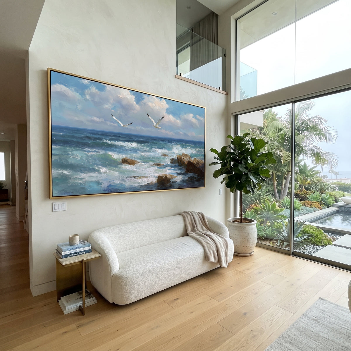 Seagull Rocky Coast focuses on this hand-painted textured canvas features two seagulls over a rocky blue coastline, foamy surf, bright sky, and thick palette-knife coastal texture. The composition is described from the actual main image, so the visible subject, color balance, spacing, and surface movement stay specific to this product instead of reading like a batch title. Raised palette-knife layers, sculpted impasto ridges, softened brush transitions, and tactile handmade texture give the