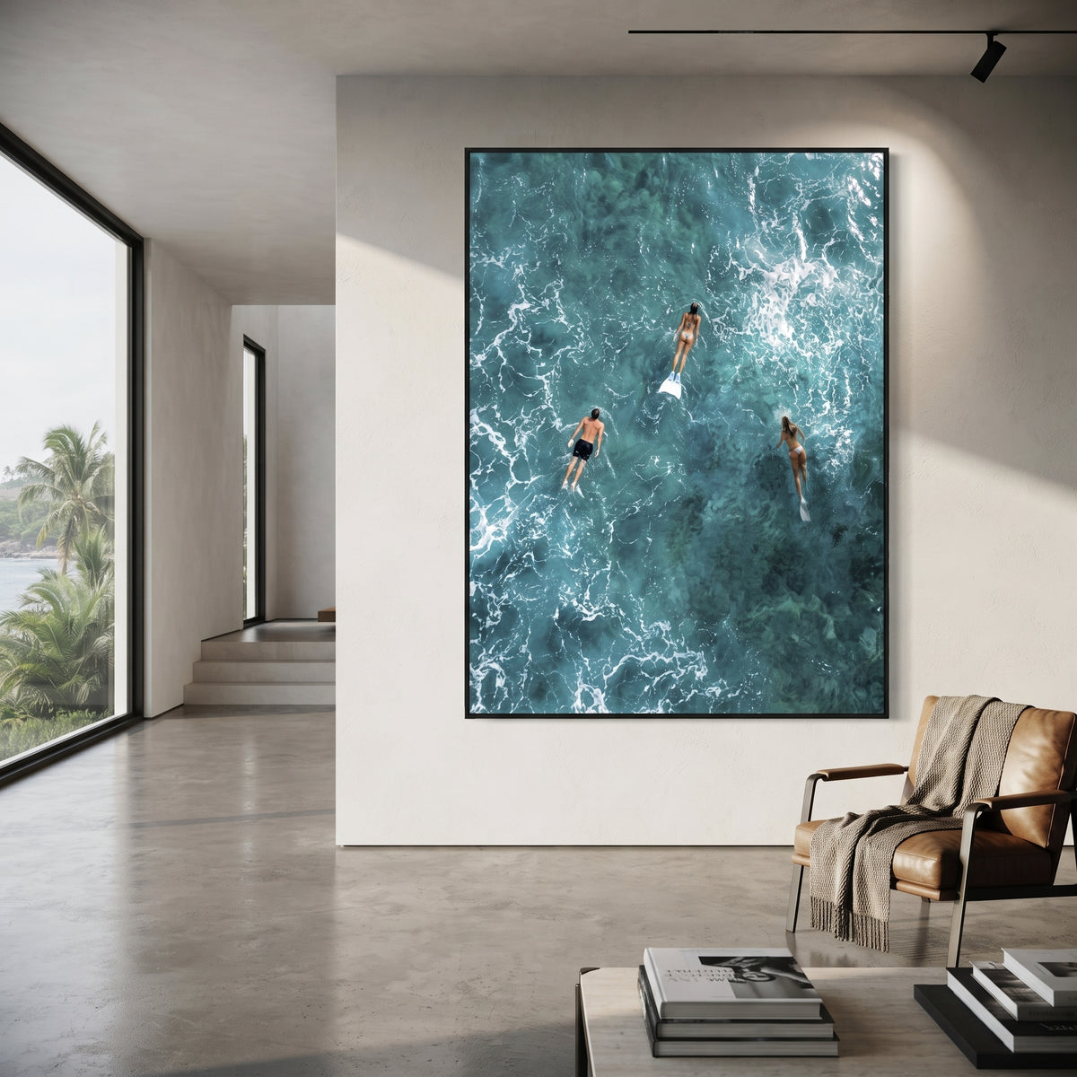 Aerial Blue Swimmers Seascape focuses on this hand-painted textured canvas features aerial turquoise ocean water, white foam tracery, three swimmers with fins, and deep teal underwater movement. The composition is described from the actual main image, so the visible subject, color balance, spacing, and surface movement stay specific to this product instead of reading like a batch title. Raised palette-knife layers, sculpted impasto ridges, softened brush transitions, and tactile handmade texture