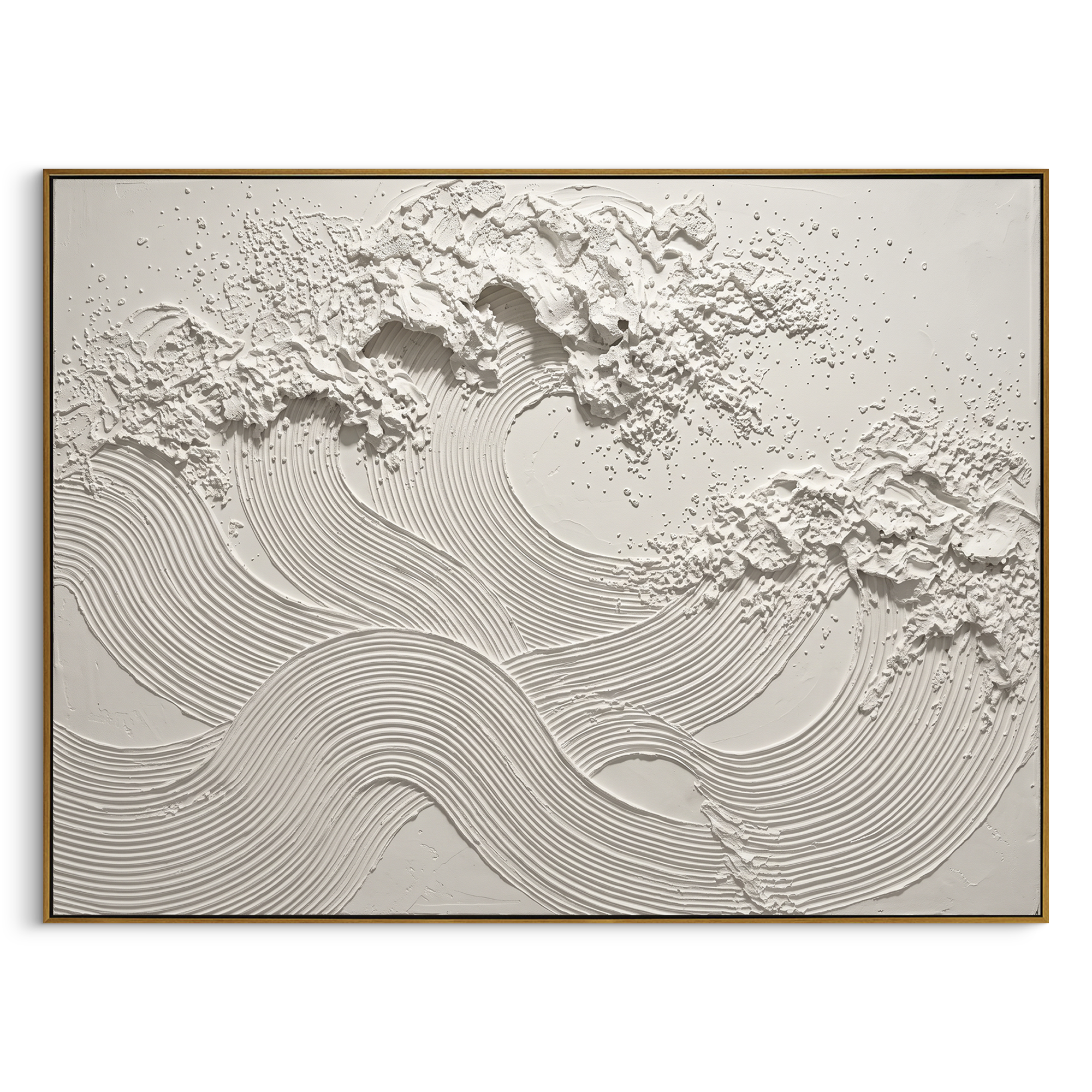 White Ripple Wave Relief focuses on this hand-painted textured canvas features monochrome white ribbed wave bands, granular plaster texture, broken raised ridges, and quiet sculptural motion. The composition is described from the actual main image, so the visible subject, color balance, spacing, and surface movement stay specific to this product instead of reading like a batch title. Raised palette-knife layers, sculpted impasto ridges, softened brush transitions, and tactile handmade texture
