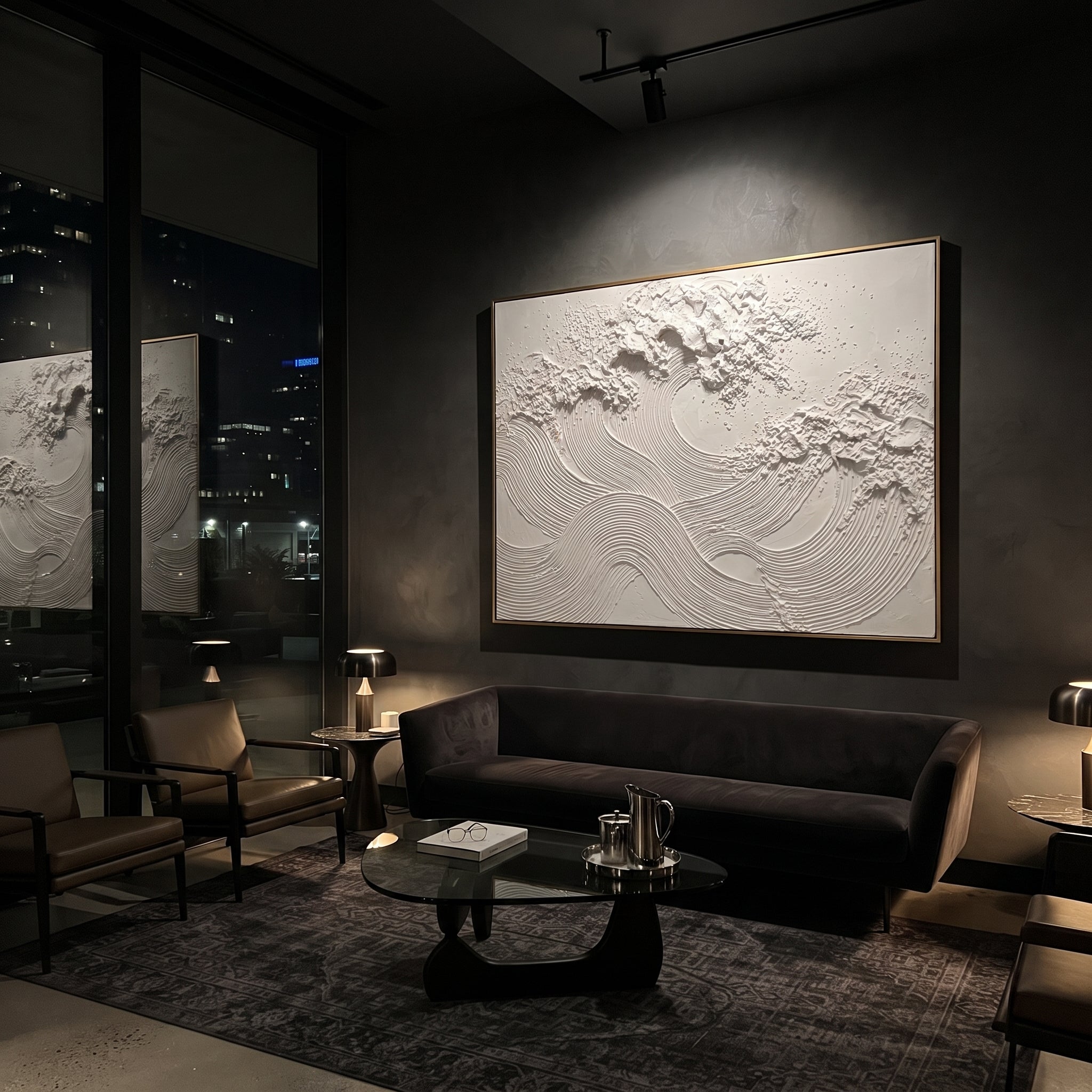 White Ripple Wave Relief focuses on this hand-painted textured canvas features monochrome white ribbed wave bands, granular plaster texture, broken raised ridges, and quiet sculptural motion. The composition is described from the actual main image, so the visible subject, color balance, spacing, and surface movement stay specific to this product instead of reading like a batch title. Raised palette-knife layers, sculpted impasto ridges, softened brush transitions, and tactile handmade texture