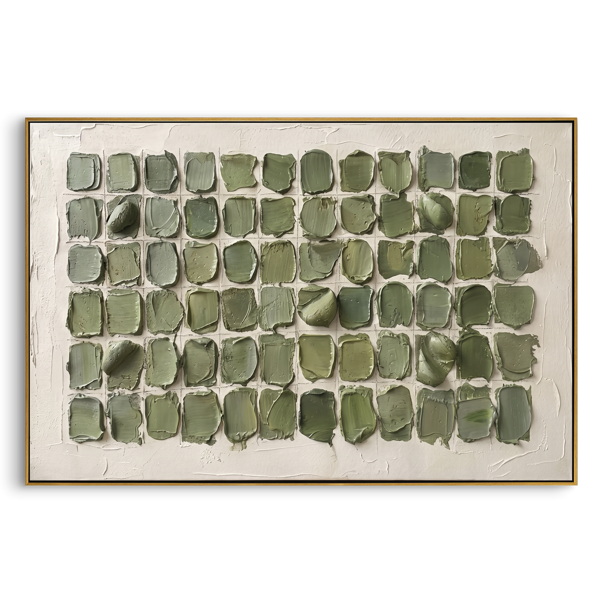 Sage Grid Plaster Blocks focuses on this hand-painted textured canvas features a grid of sage green plaster blocks on a white ground, rounded palette-knife patches, and structured handmade texture. The composition is described from the actual main image, so the visible subject, color balance, spacing, and surface movement stay specific to this product instead of reading like a batch title. Raised palette-knife layers, sculpted impasto ridges, softened brush transitions, and tactile handmade