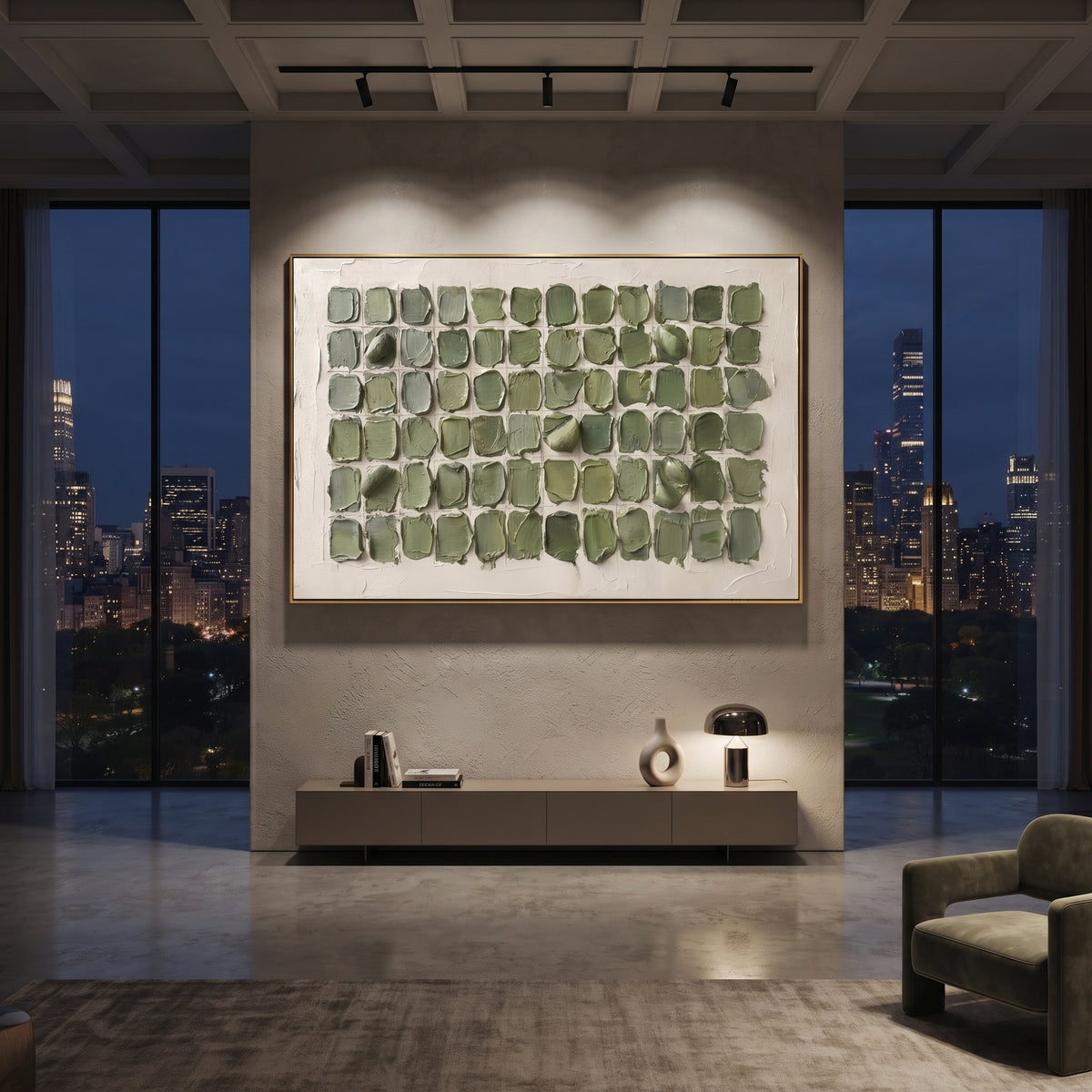 Sage Grid Plaster Blocks focuses on this hand-painted textured canvas features a grid of sage green plaster blocks on a white ground, rounded palette-knife patches, and structured handmade texture. The composition is described from the actual main image, so the visible subject, color balance, spacing, and surface movement stay specific to this product instead of reading like a batch title. Raised palette-knife layers, sculpted impasto ridges, softened brush transitions, and tactile handmade