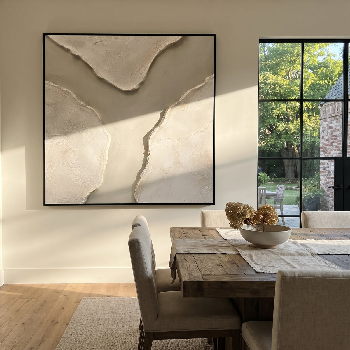 Soft Three Stone Relief focuses on this hand-painted textured canvas features three rounded stone-like plaster islands, pale mineral ground, raised white edges, and soft neutral surface texture. The composition is described from the actual main image, so the visible subject, color balance, spacing, and surface movement stay specific to this product instead of reading like a batch title. Raised palette-knife layers, sculpted impasto ridges, softened brush transitions, and tactile handmade texture