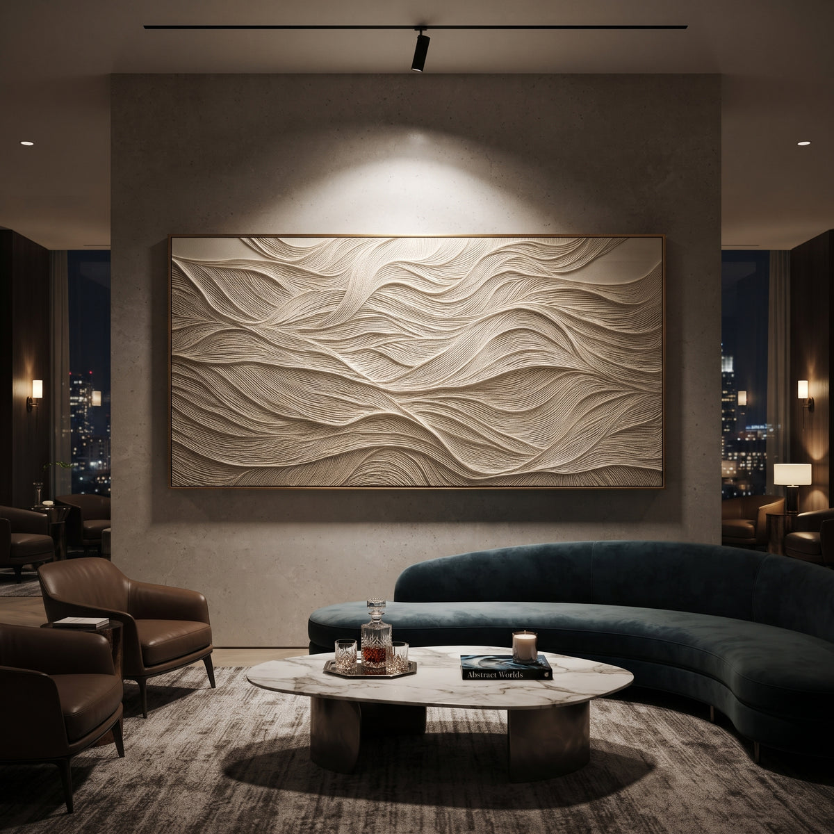 White Ribbed Landscape Relief focuses on this hand-painted textured canvas features layered white landform-like bands, fine ribbed vertical texture, raised ridges, and calm neutral topographic movement. The composition is described from the actual main image, so the visible subject, color balance, spacing, and surface movement stay specific to this product instead of reading like a batch title. Raised palette-knife layers, sculpted impasto ridges, softened brush transitions, and tactile handmade