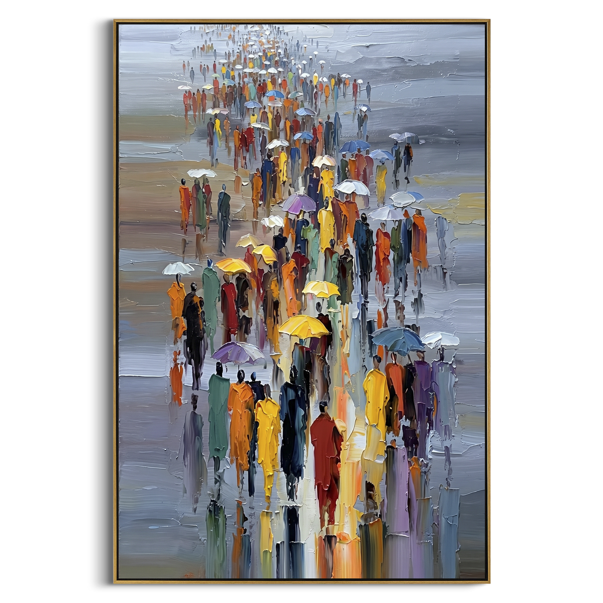 Umbrella Crowd Rain focuses on this hand-painted textured canvas features a dense rainy crowd with colorful umbrellas, elongated figures, grey reflective ground, and expressive impasto movement. The composition is described from the actual main image, so the visible subject, color balance, spacing, and surface movement stay specific to this product instead of reading like a batch title. Raised palette-knife layers, sculpted impasto ridges, softened brush transitions, and tactile handmade texture