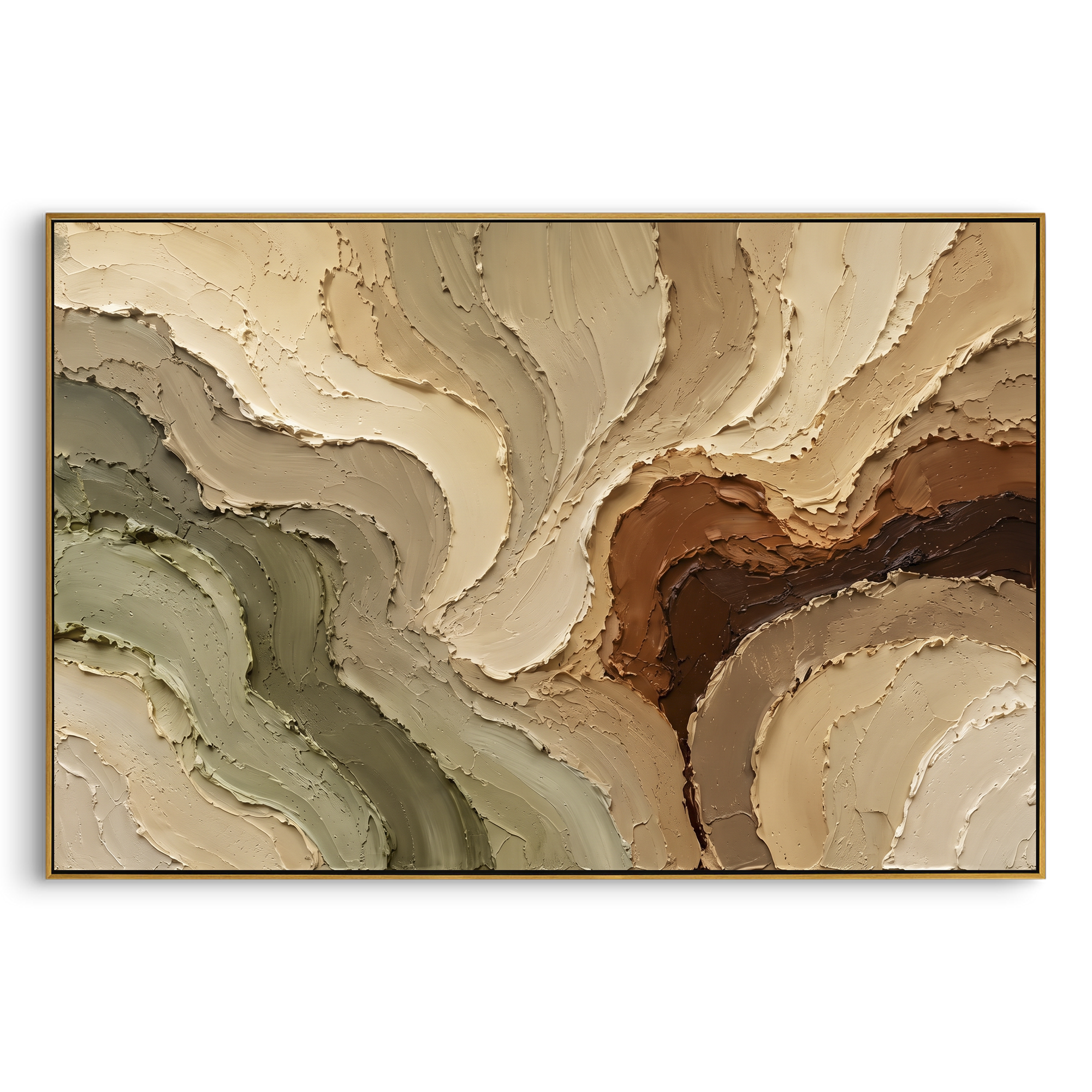 Warm Earth Flow Relief focuses on this hand-painted textured canvas features warm earth-toned flowing plaster forms, sage green and brown bands, carved raised edges, and organic terrain-like motion. The composition is described from the actual main image, so the visible subject, color balance, spacing, and surface movement stay specific to this product instead of reading like a batch title. Raised palette-knife layers, sculpted impasto ridges, softened brush transitions, and tactile handmade