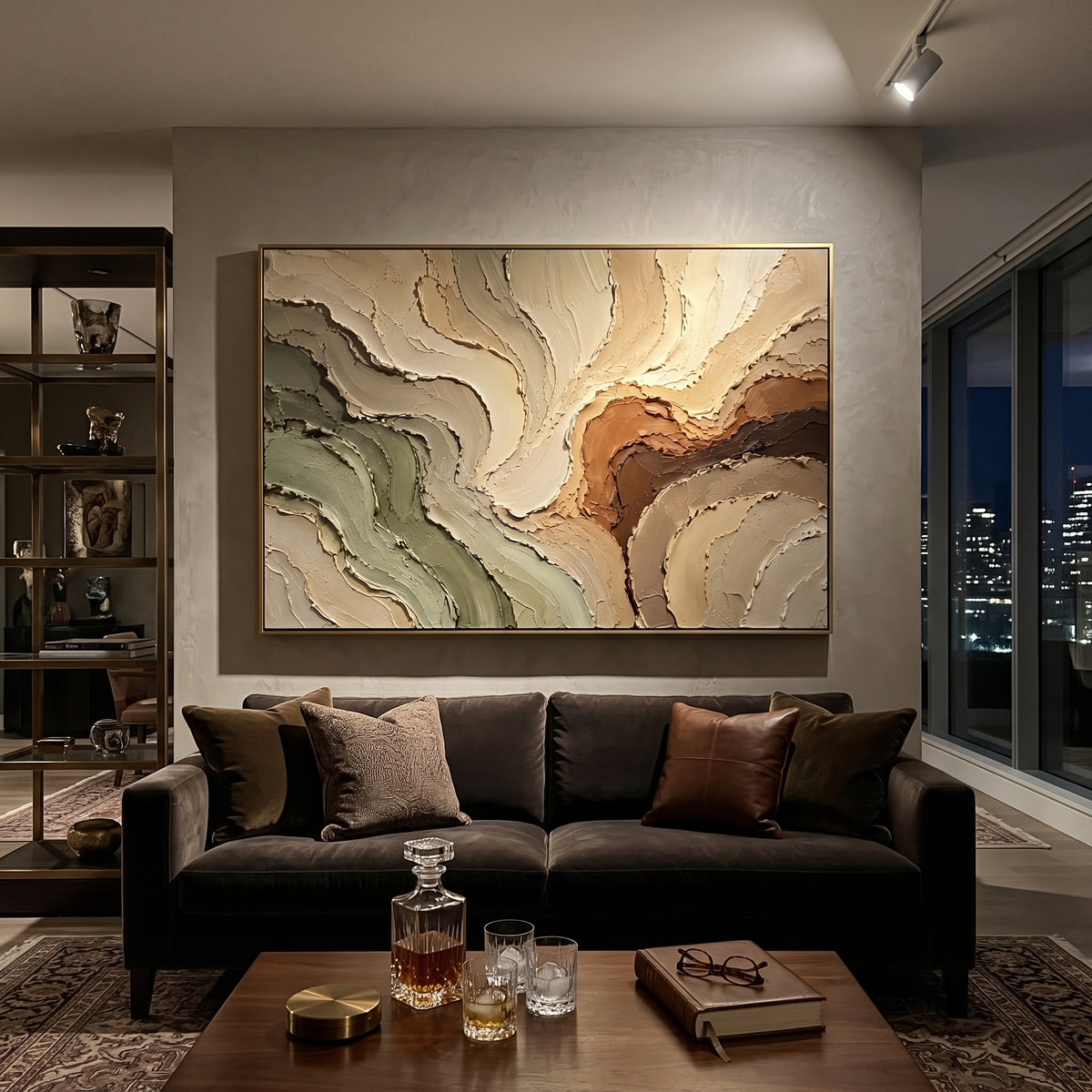 Warm Earth Flow Relief focuses on this hand-painted textured canvas features warm earth-toned flowing plaster forms, sage green and brown bands, carved raised edges, and organic terrain-like motion. The composition is described from the actual main image, so the visible subject, color balance, spacing, and surface movement stay specific to this product instead of reading like a batch title. Raised palette-knife layers, sculpted impasto ridges, softened brush transitions, and tactile handmade