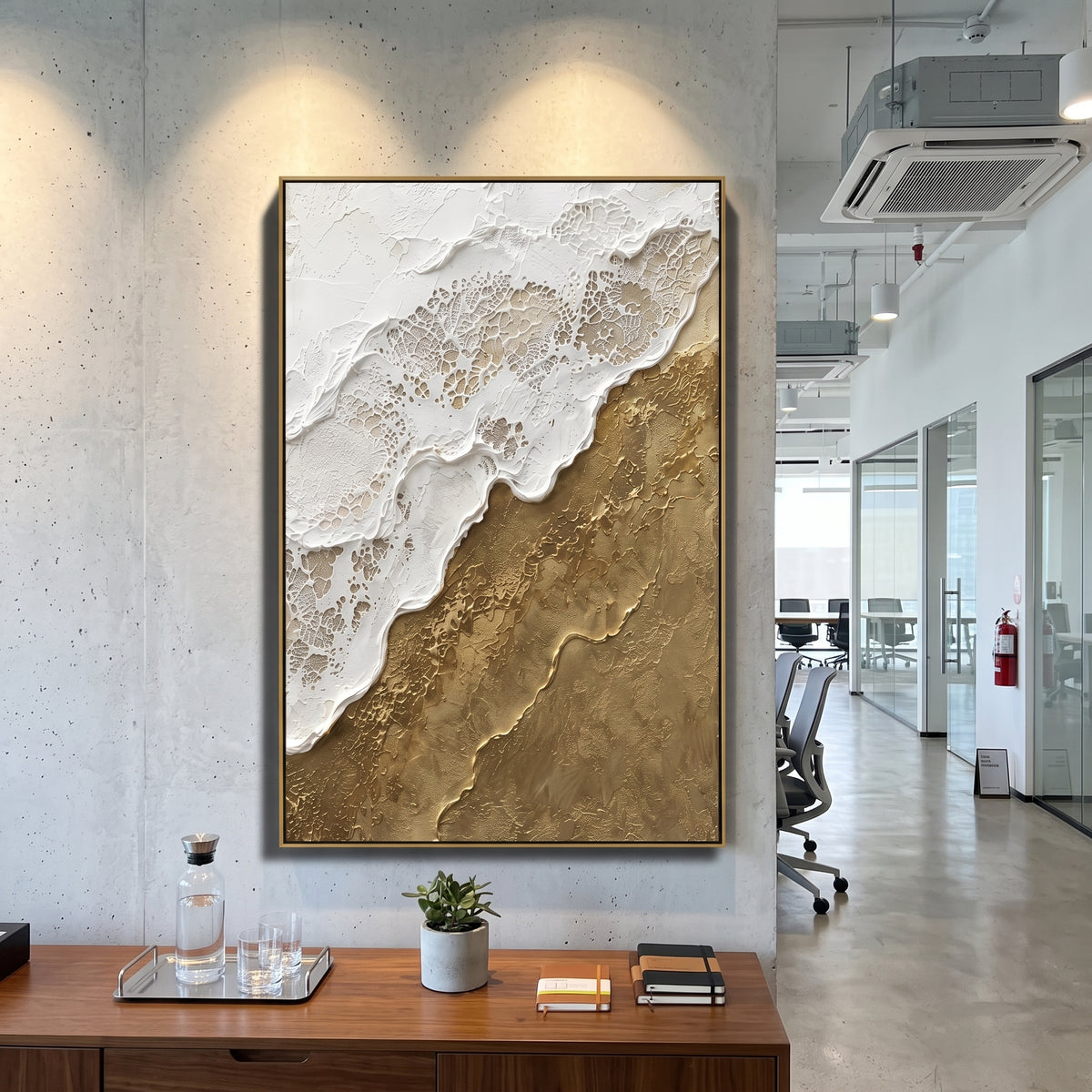 Gold White Topographic Relief focuses on this hand-painted textured canvas features a gold and white topographic relief surface with raised cellular ridges, diagonal plaster movement, and warm mineral texture. The composition is described from the actual main image, so the visible subject, color balance, spacing, and surface movement stay specific to this product instead of reading like a batch title. Raised palette-knife layers, sculpted impasto ridges, softened brush transitions, and tactile