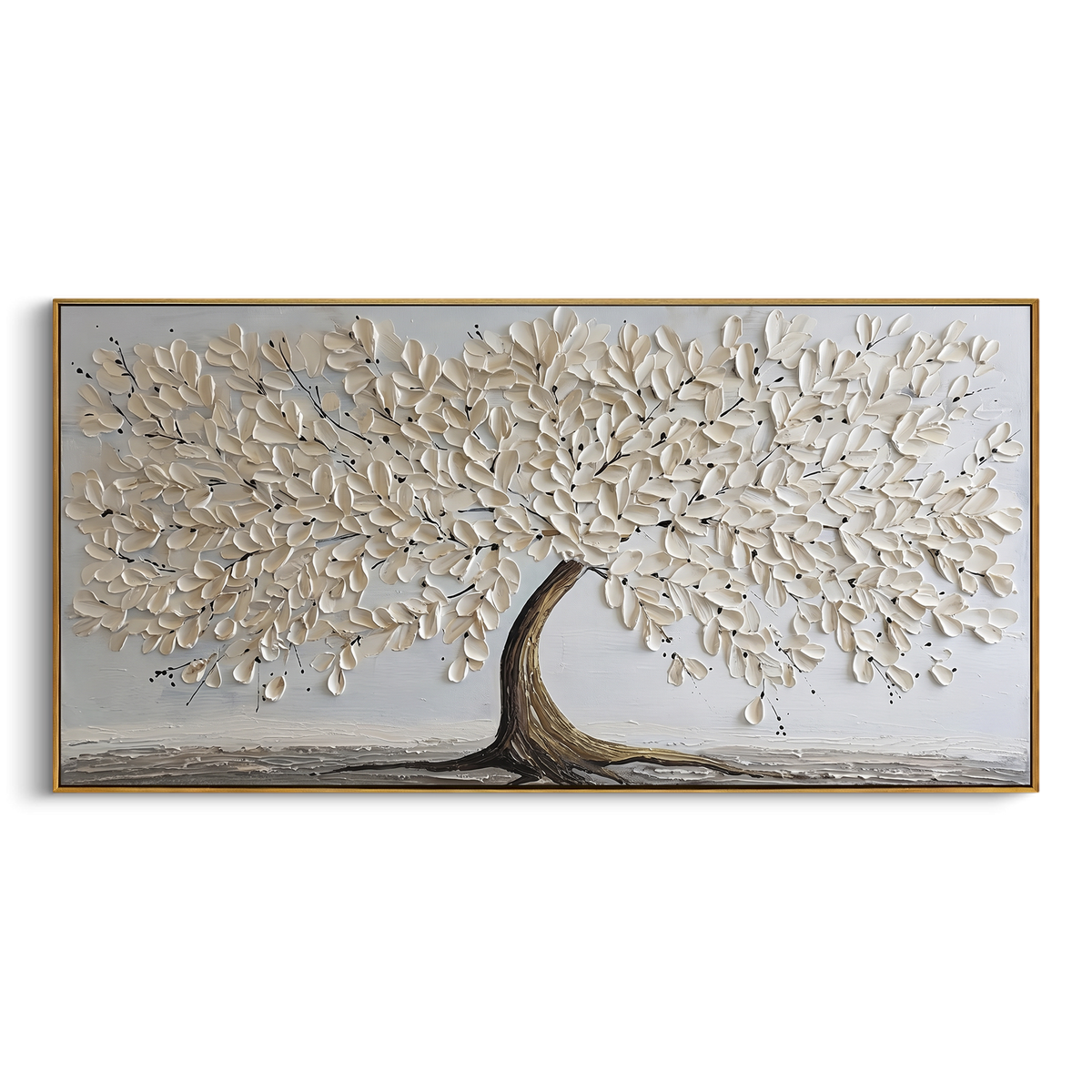 White Blossom Tree Relief focuses on this hand-painted textured canvas features a wide white blossom tree with a brown trunk, raised petal texture, and a soft grey ground. The composition is described from the actual main image, so the visible subject, color balance, spacing, and surface movement stay specific to this product instead of reading like a batch title. Raised palette-knife layers, sculpted impasto ridges, softened brush transitions, and tactile handmade texture give the canvas
