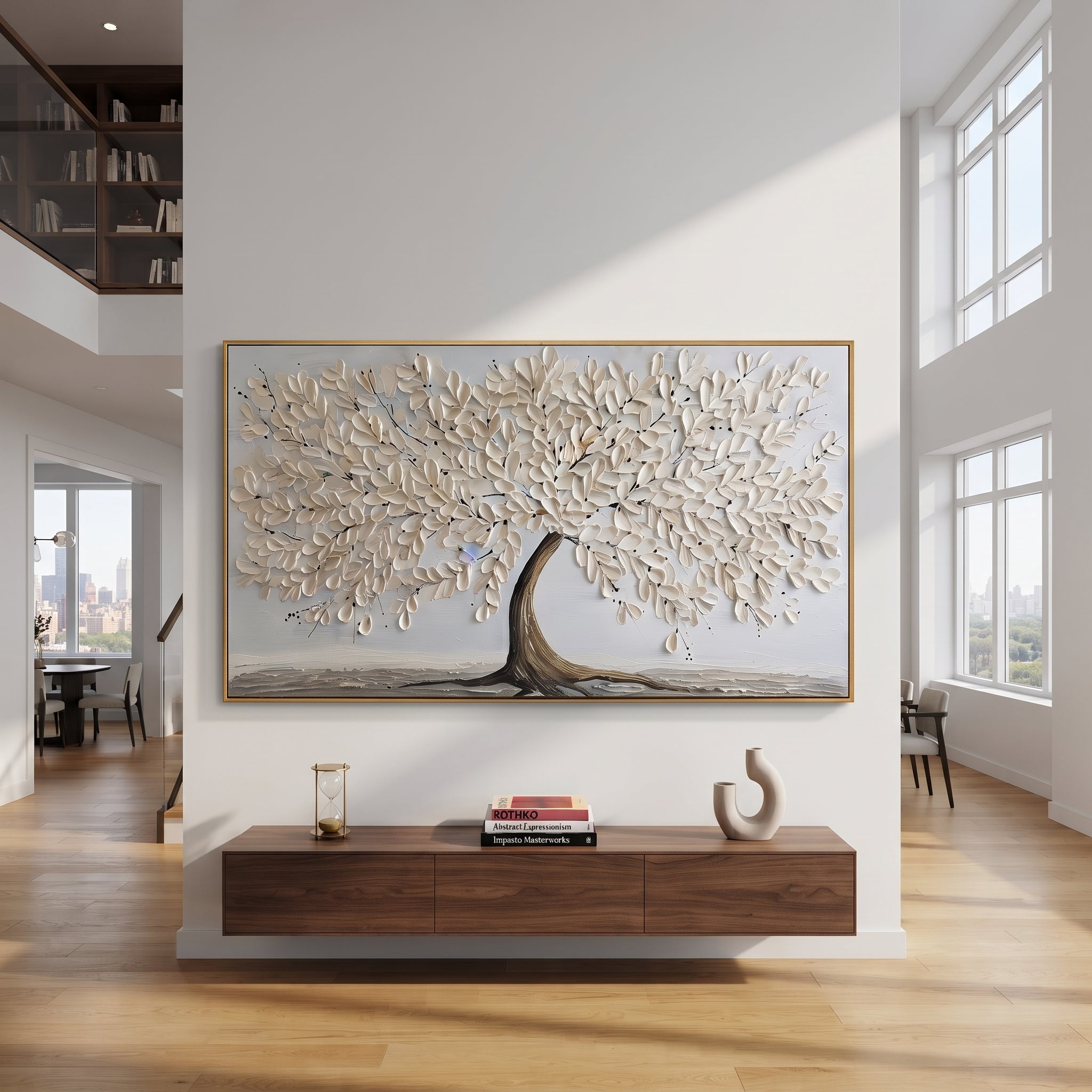 White Blossom Tree Relief focuses on this hand-painted textured canvas features a wide white blossom tree with a brown trunk, raised petal texture, and a soft grey ground. The composition is described from the actual main image, so the visible subject, color balance, spacing, and surface movement stay specific to this product instead of reading like a batch title. Raised palette-knife layers, sculpted impasto ridges, softened brush transitions, and tactile handmade texture give the canvas