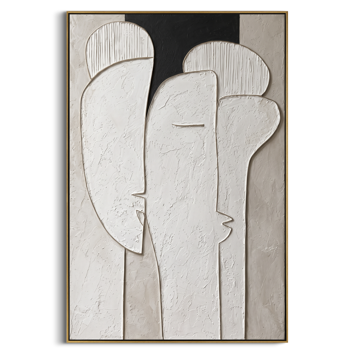 White Abstract Face Relief focuses on this hand-painted textured canvas features minimal white sculptural face and figure-like arches with natural plaster edges and a black negative-space accent. The composition is described from the actual main image, so the visible subject, color balance, spacing, and surface movement stay specific to this product instead of reading like a batch title. Raised palette-knife layers, sculpted impasto ridges, softened brush transitions, and tactile handmade