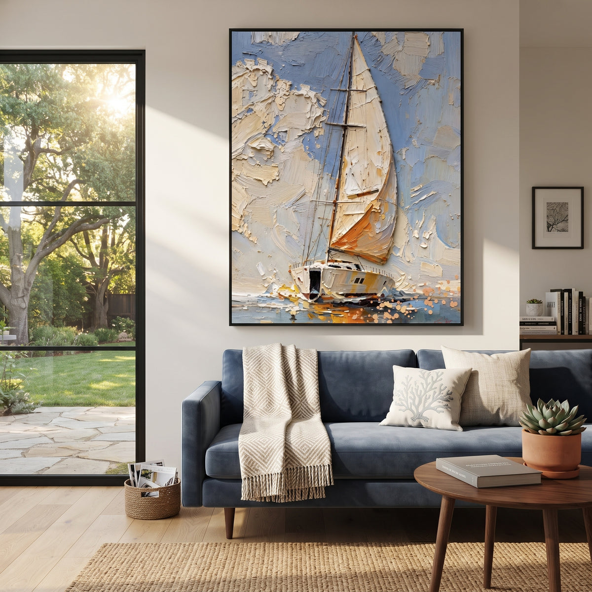 Pale Blue Sailboat Impasto focuses on this hand-painted textured canvas features a textured sailboat moving through pale blue water, warm shoreline tones, and thick impasto sky detail. The composition is described from the actual main image, so the visible subject, color balance, spacing, and surface movement stay specific to this product instead of reading like a batch title. Raised palette-knife layers, sculpted impasto ridges, softened brush transitions, and tactile handmade texture give the