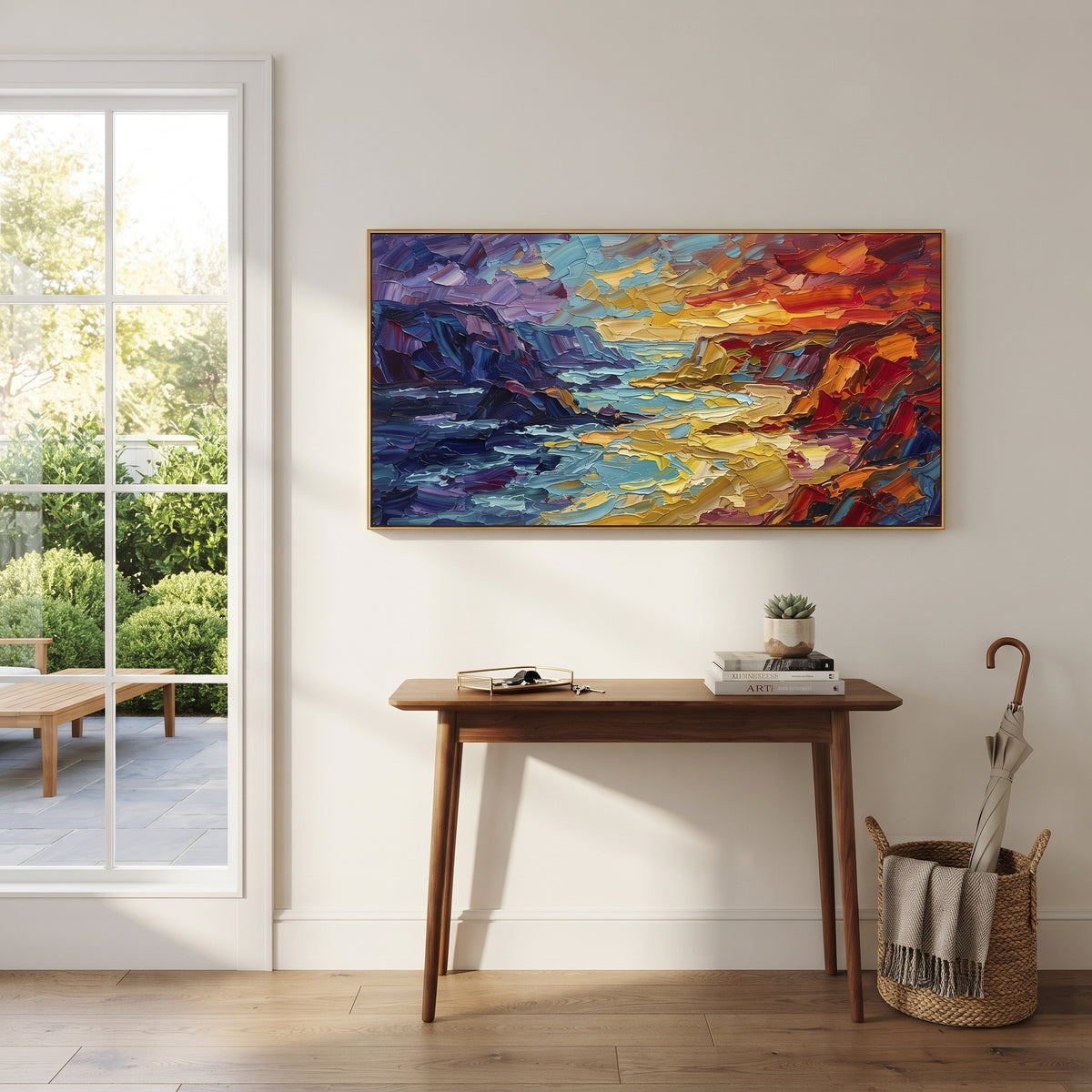 Colorful Cliff Coast Seascape focuses on this hand-painted textured canvas features a vivid coastal cliff scene with blue sea, purple-orange rock forms, heavy texture, and a small sailboat accent. The composition is described from the actual main image, so the visible subject, color balance, spacing, and surface movement stay specific to this product instead of reading like a batch title. Raised palette-knife layers, sculpted impasto ridges, softened brush transitions, and tactile handmade