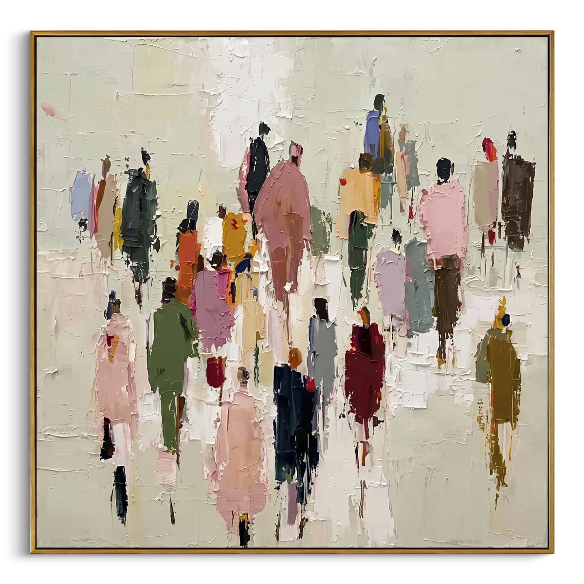 Colorful Umbrella Crowd focuses on this hand-painted textured canvas features a lively crowd and umbrella scene with raised rain-like texture, bright figures, and a muted grey city background. The composition is described from the actual main image, so the visible subject, color balance, spacing, and surface movement stay specific to this product instead of reading like a batch title. Raised palette-knife layers, sculpted impasto ridges, softened brush transitions, and tactile handmade texture