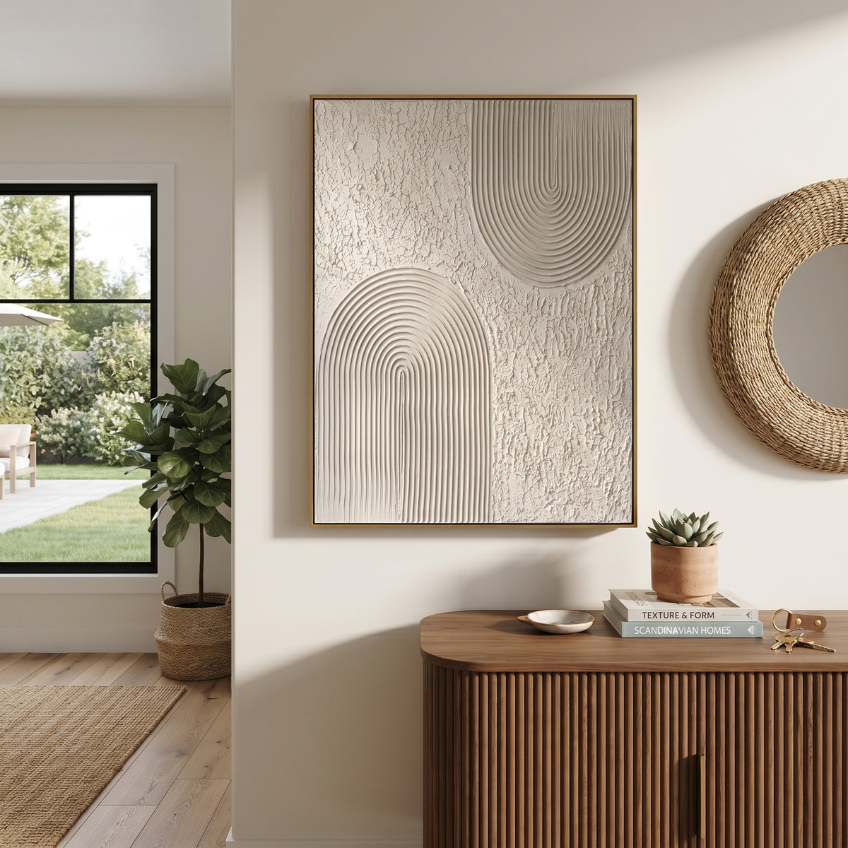 Neutral Twin Arch Relief focuses on this hand-painted textured canvas features two raised neutral arch forms over a rough beige plaster ground with ribbed contour texture. The composition is described from the actual main image, so the visible subject, color balance, spacing, and surface movement stay specific to this product instead of reading like a batch title. Raised palette-knife layers, sculpted impasto ridges, softened brush transitions, and tactile handmade texture give the canvas