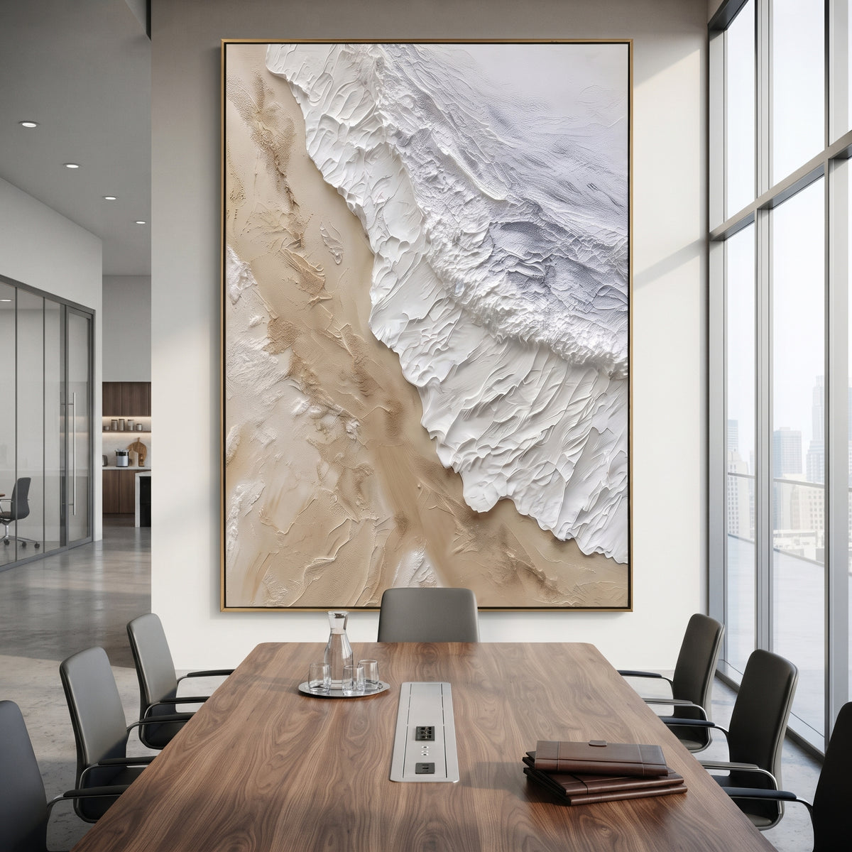 Neutral Diagonal Shoreline Relief focuses on this hand-painted textured canvas features an aerial shoreline-like relief with beige sand tones, white raised surf texture, and cool grey water movement. The title and description are matched to the actual main image, so the visible subject, color balance, spacing, and surface movement stay specific to this product instead of using a repeated batch phrase. Raised palette-knife layers, sculpted impasto ridges, softened brush transitions, and tactile